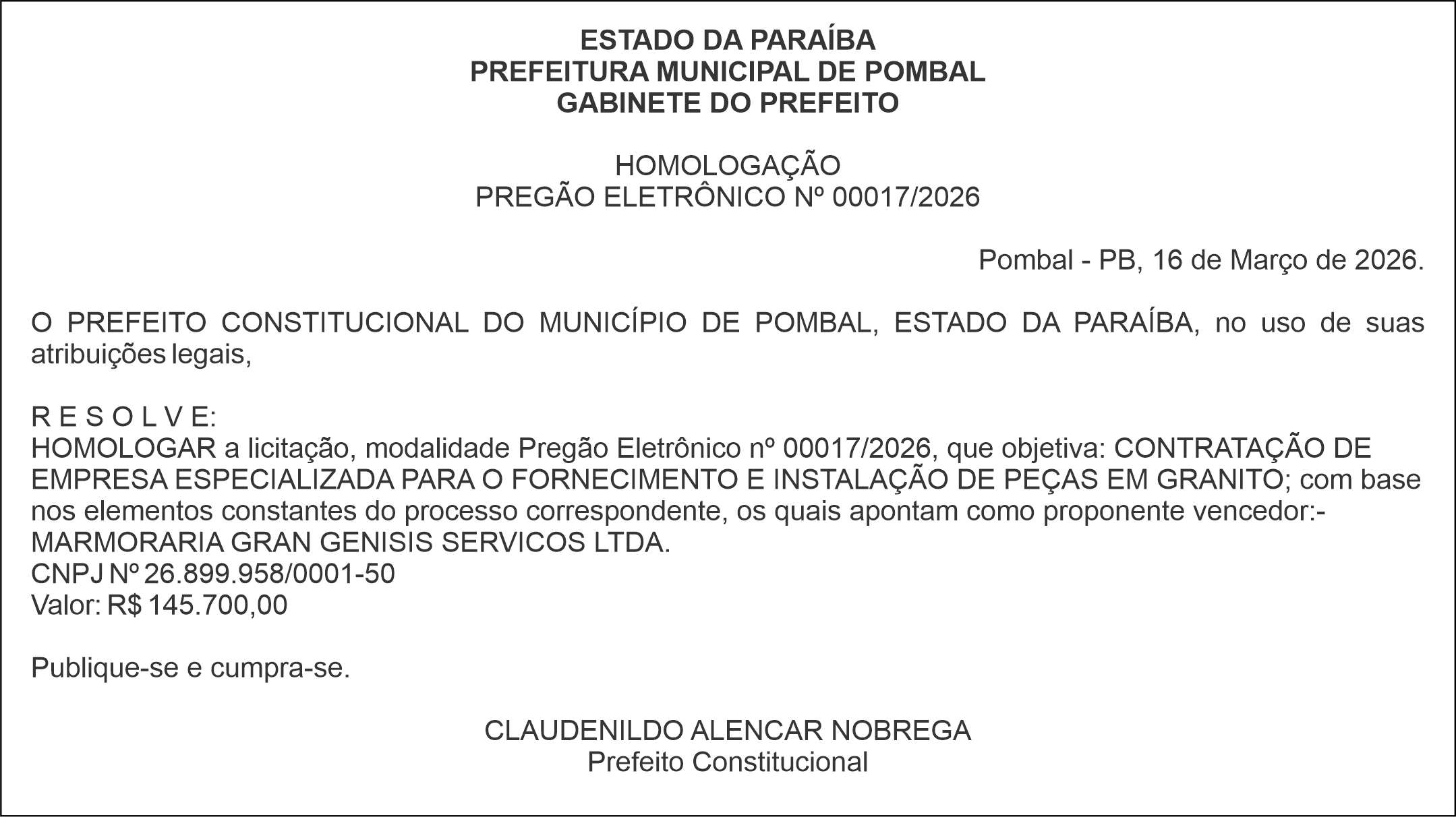 PREFEITURA MUNICIPAL DE POMBAL – HOMOLOGAÇÃO – PREGÃO ELETRÔNICO Nº 00017/2026