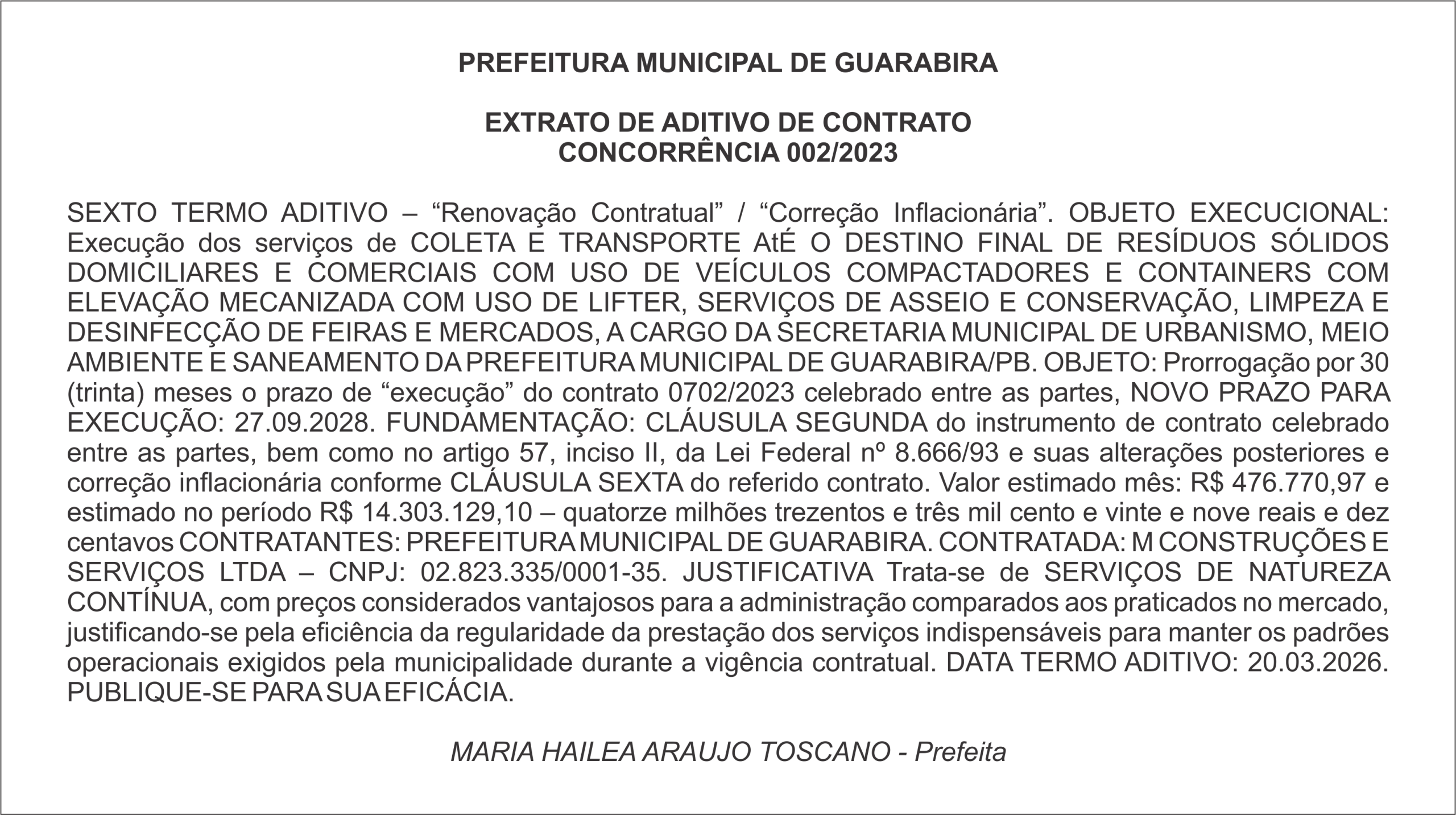 PREFEITURA MUNICIPAL DE GUARABIRA EXTRATO DE ADITIVO DE CONTRATO CONCORRÊNCIA 002/2023