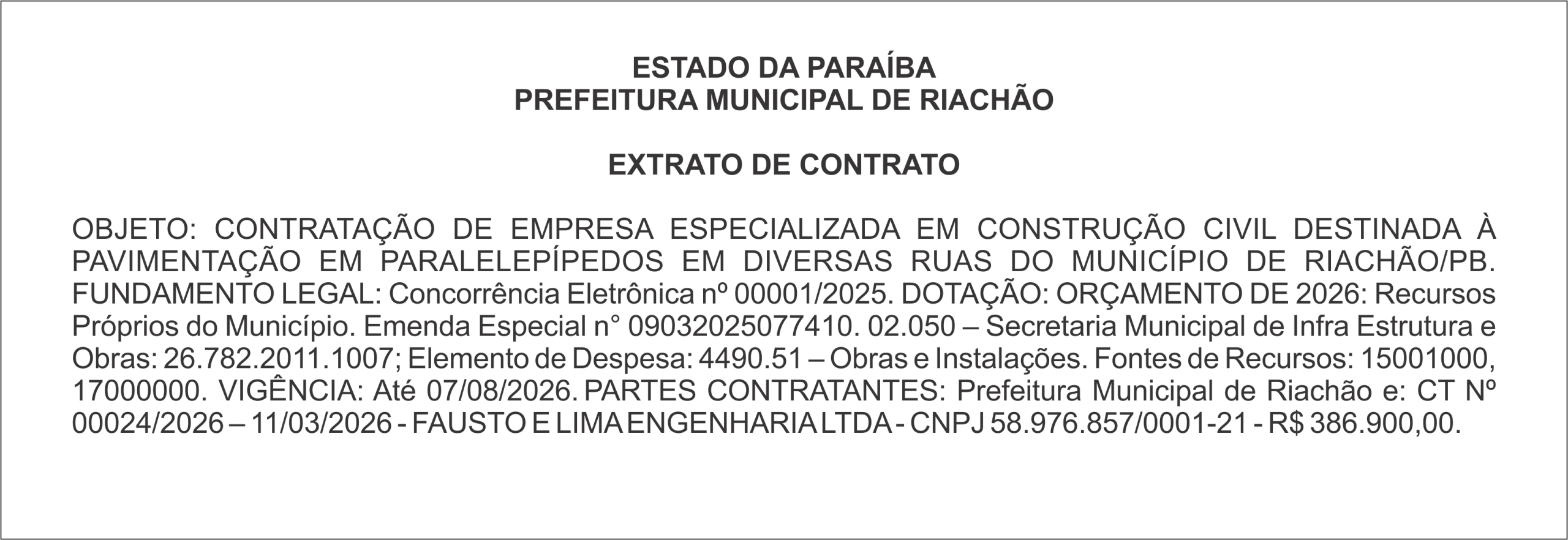 PREFEITURA MUNICIPAL DE RIACHÃO  EXTRATO DE CONTRATO