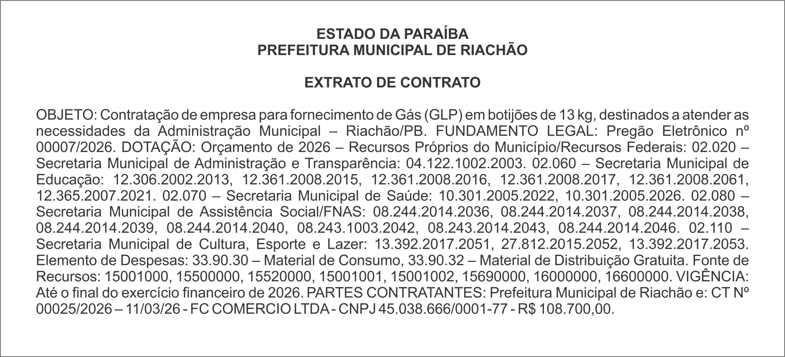 PREFEITURA MUNICIPAL DE RIACHÃO  EXTRATO DE CONTRATO
