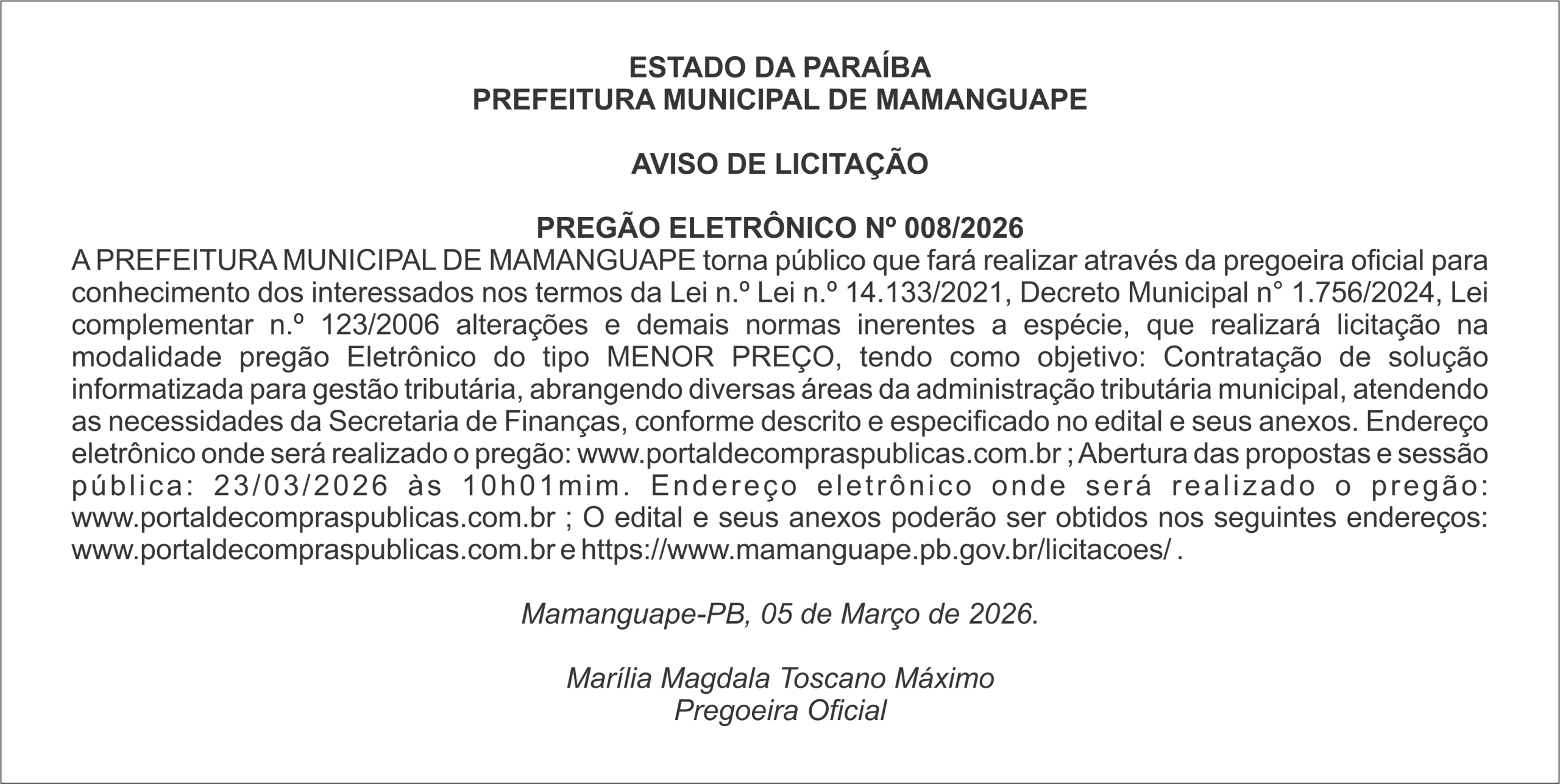 PREFEITURA MUNICIPAL DE MAMANGUAPE  AVISO DE LICITAÇÃO  PREGÃO ELETRÔNICO Nº 008/2026