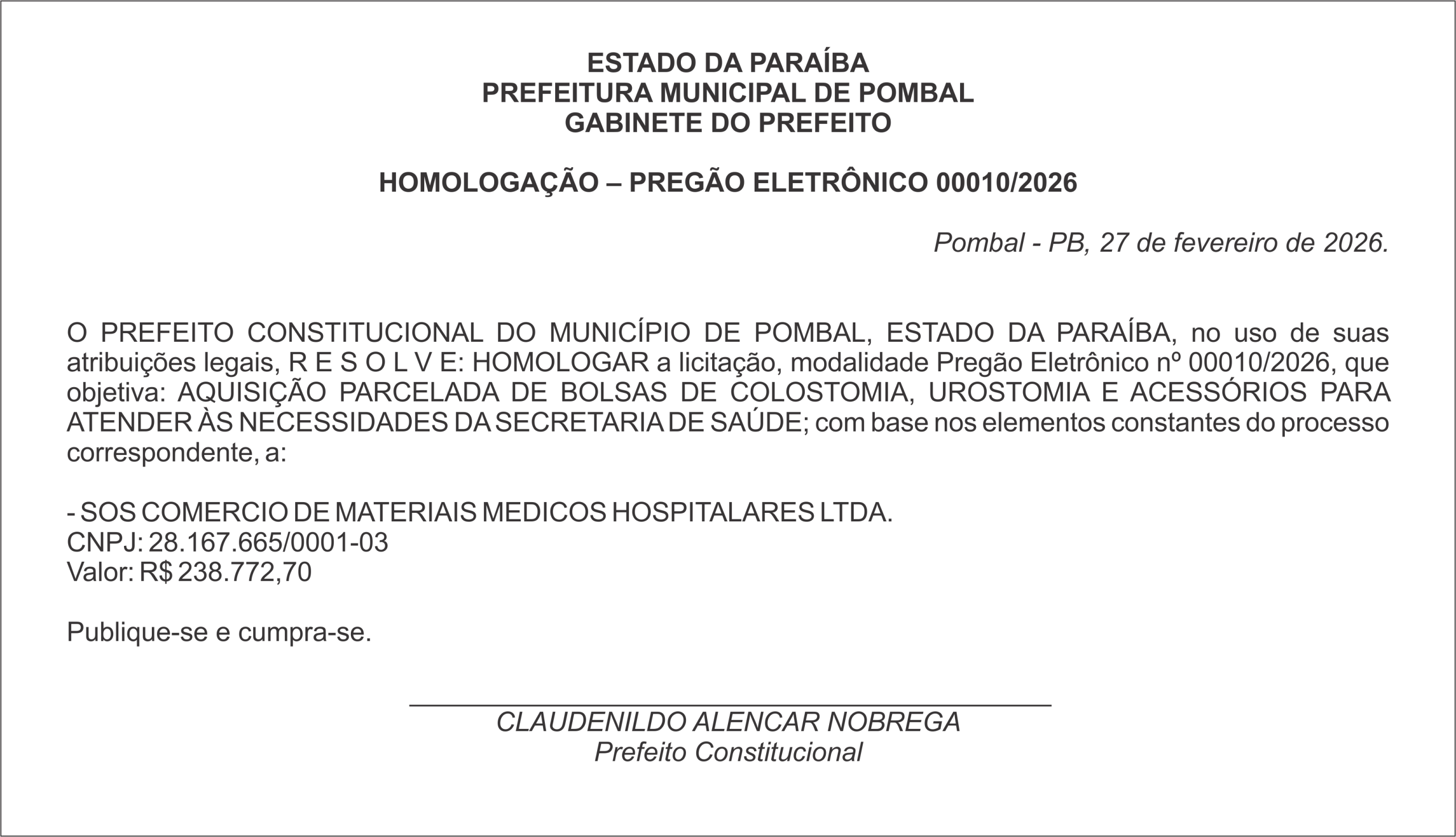 PREFEITURA MUNICIPAL DE POMBAL – HOMOLOGAÇÃO – PREGÃO ELETRÔNICO 00010/2026