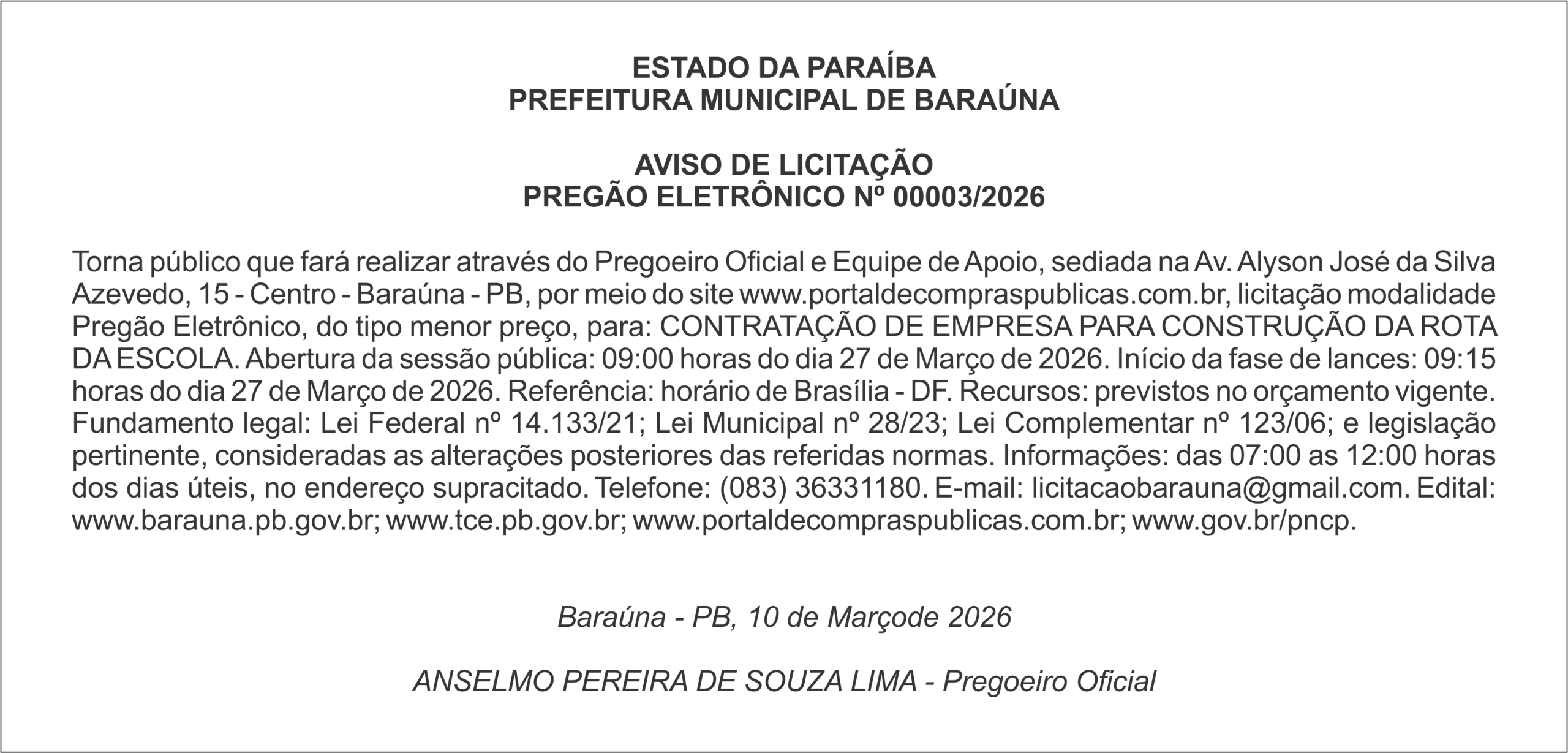 PREFEITURA MUNICIPAL DE BARAÚNA     AVISO DE LICITAÇÃO PREGÃO ELETRÔNICO Nº 00003/2026