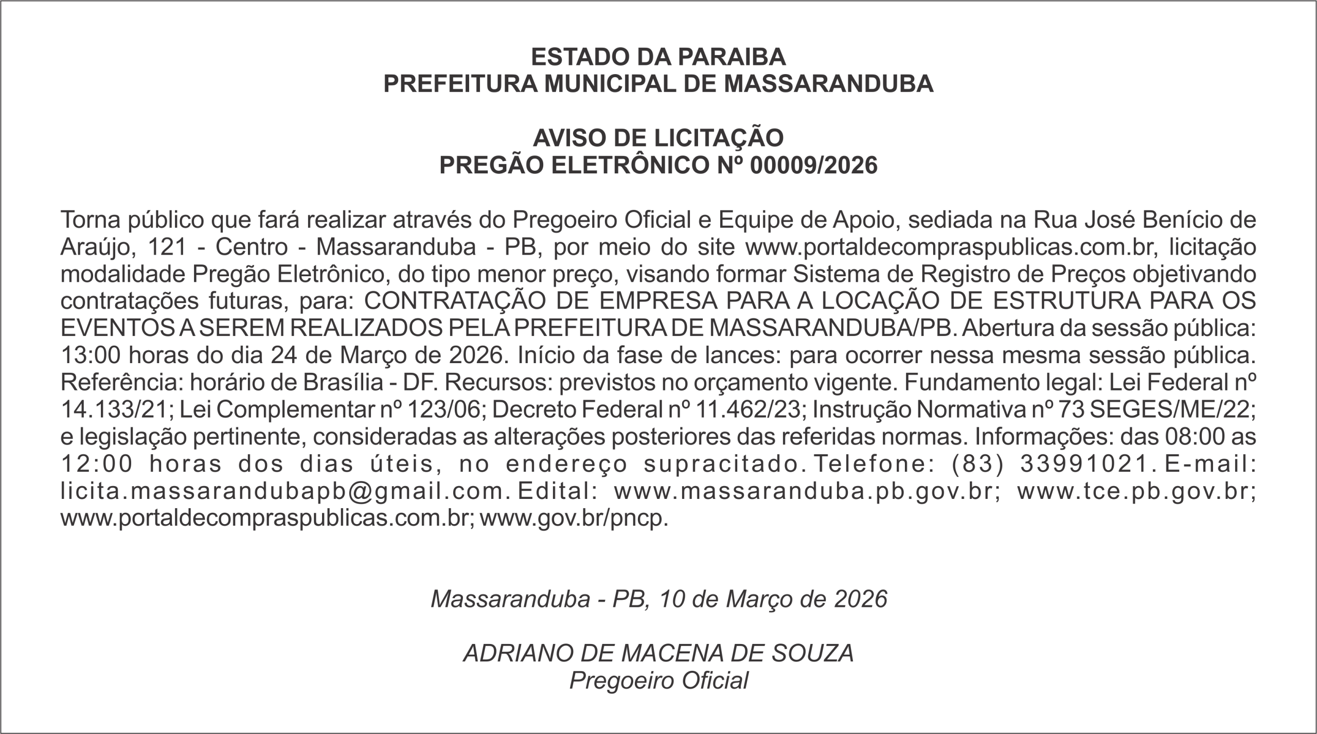 PREFEITURA MUNICIPAL DE MASSARANDUBA – AVISO DE LICITAÇÃO PREGÃO ELETRÔNICO Nº 00009/2026