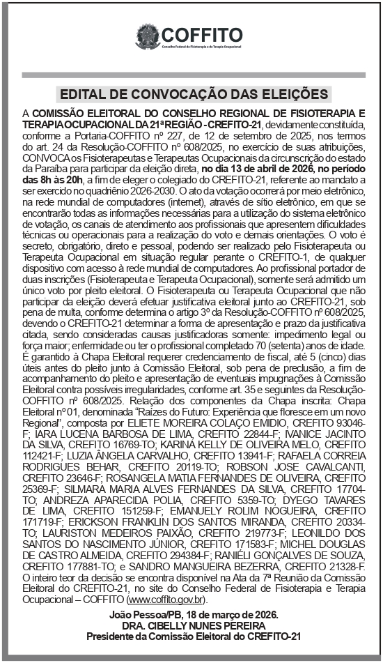 COFFITO – EDITAL DE CONVOCACAO DAS ELEICOES – C21