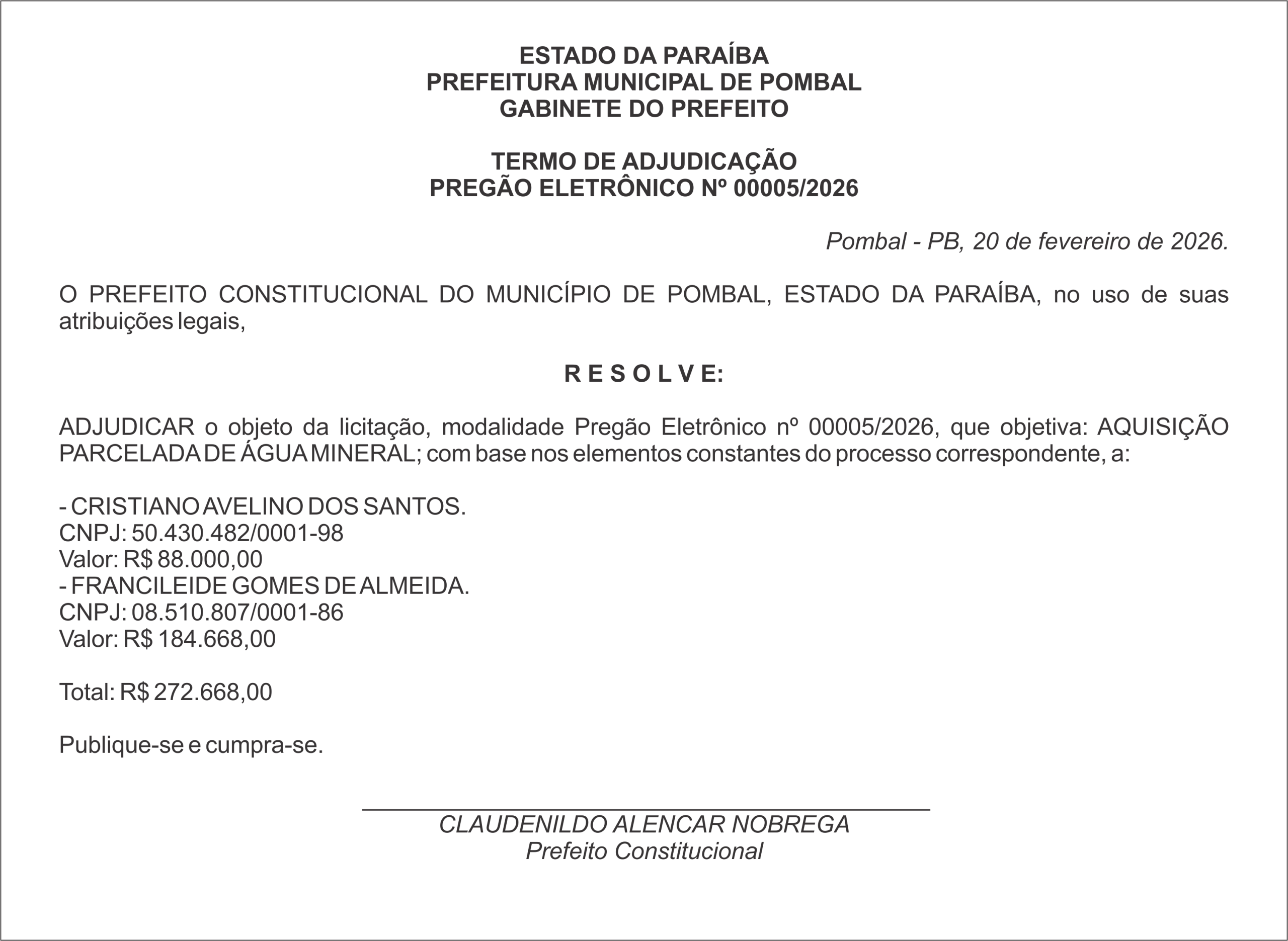 PREFEITURA MUNICIPAL DE POMBAL –   TERMO DE ADJUDICAÇÃO PREGÃO ELETRÔNICO Nº 00005/2026