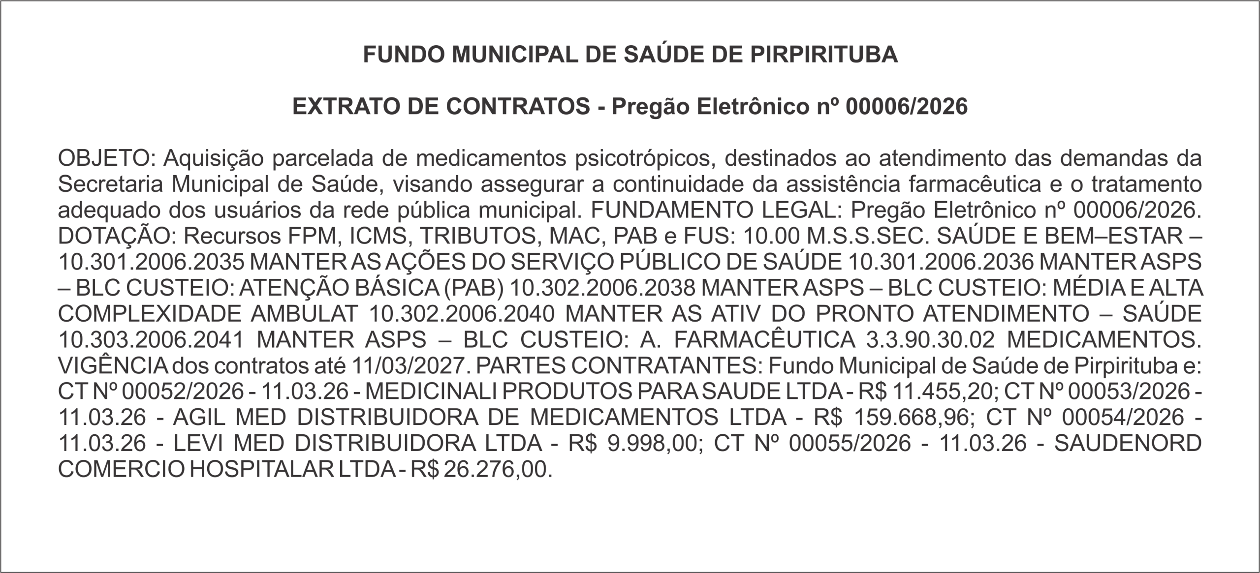 FUNDO MUNICIPAL DE SAÚDE DE PIRPIRITUBA – EXTRATO DE CONTRATO