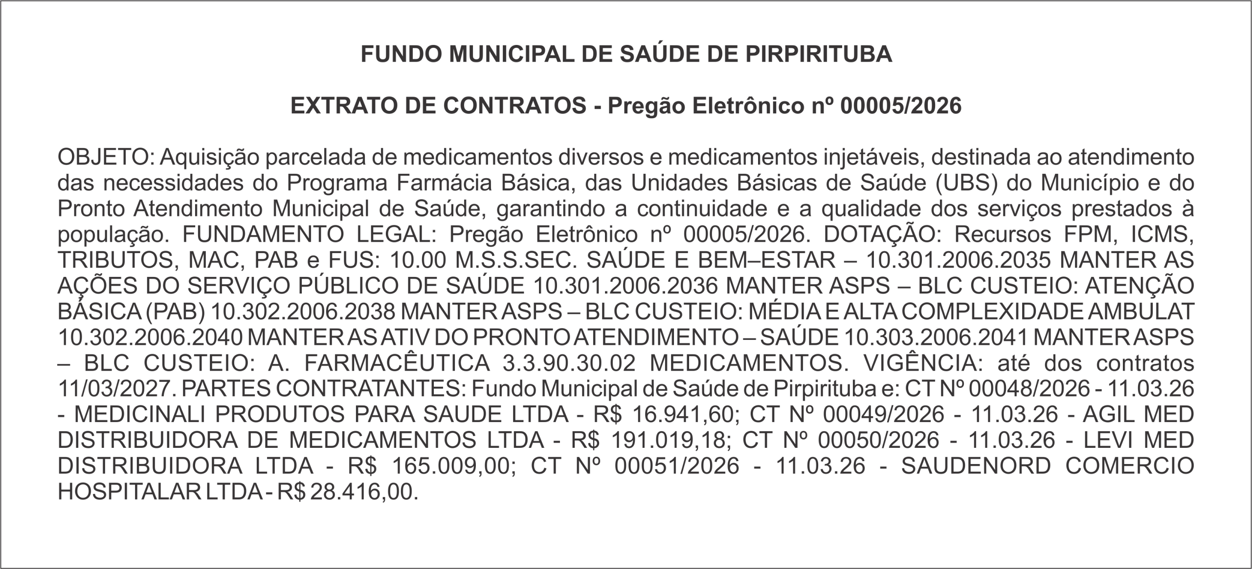 FUNDO MUNICIPAL DE SAÚDE DE PIRPIRITUBA – EXTRATO DE CONTRATO