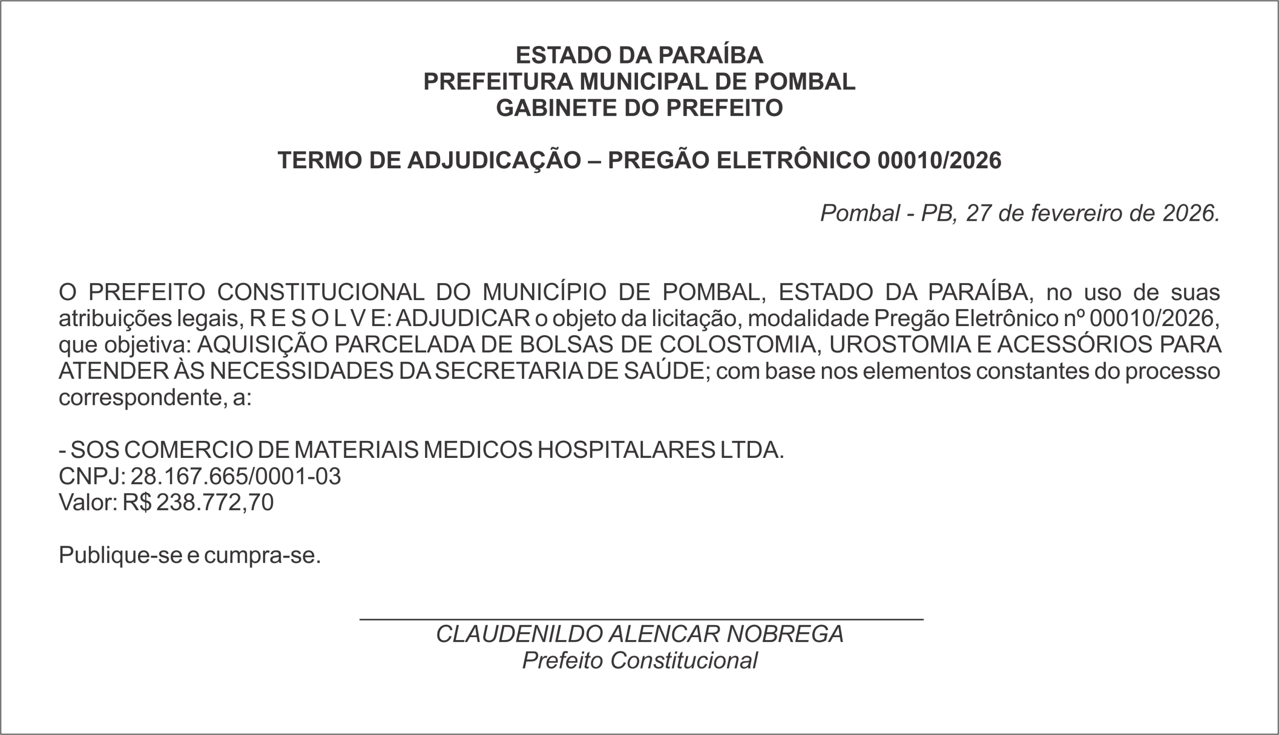 PREFEITURA MUNICIPAL DE POMBAL –  TERMO DE ADJUDICAÇÃO – PREGÃO ELETRÔNICO 00010/2026