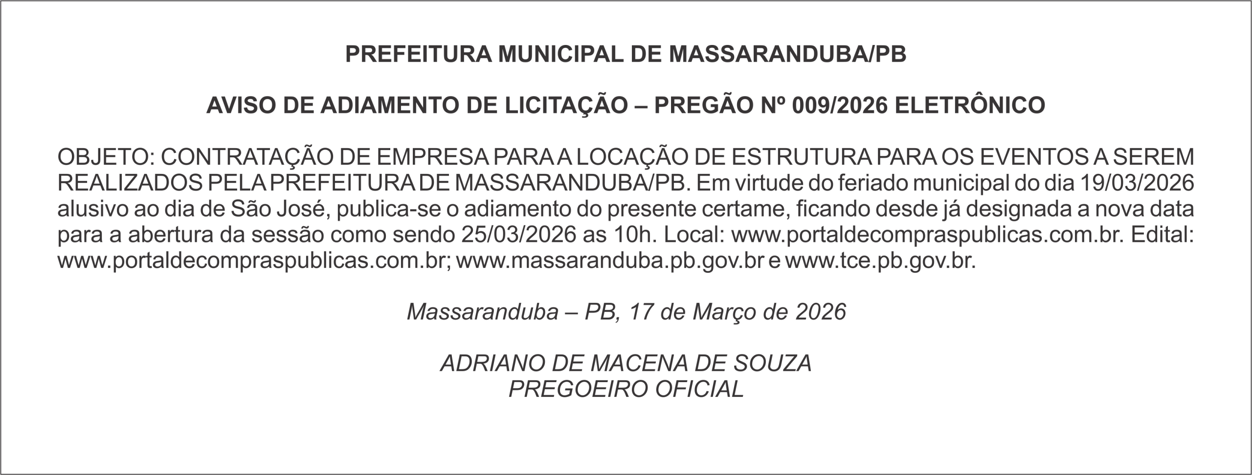 PREFEITURA MUNICIPAL DE MASSARANDUBA/PB – AVISO DE ADIAMENTO DE LICITAÇÃO – PREGÃO Nº 009/2026 ELETRÔNICO