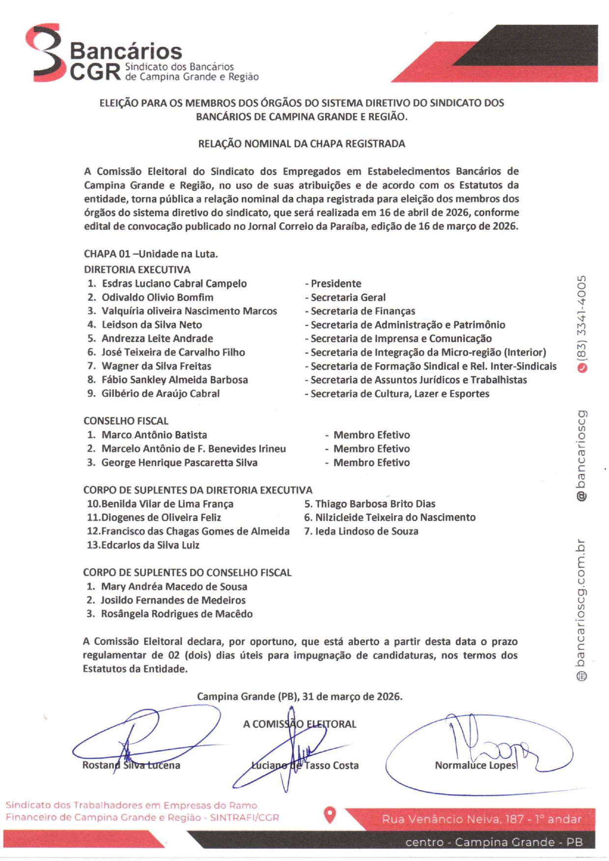 SINTRAFI/CGR – RELAÇÃO NOMINAL DA CHAPA REGISTRADA