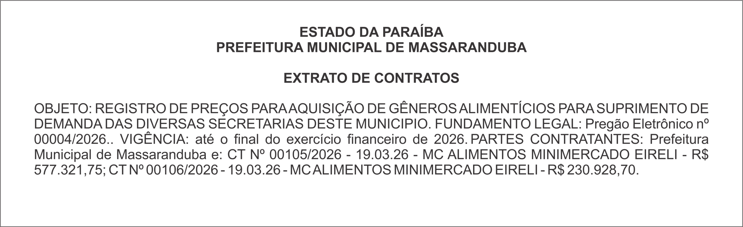 PREFEITURA MUNICIPAL DE MASSARANDUBA – EXTRATO DE CONTRATO