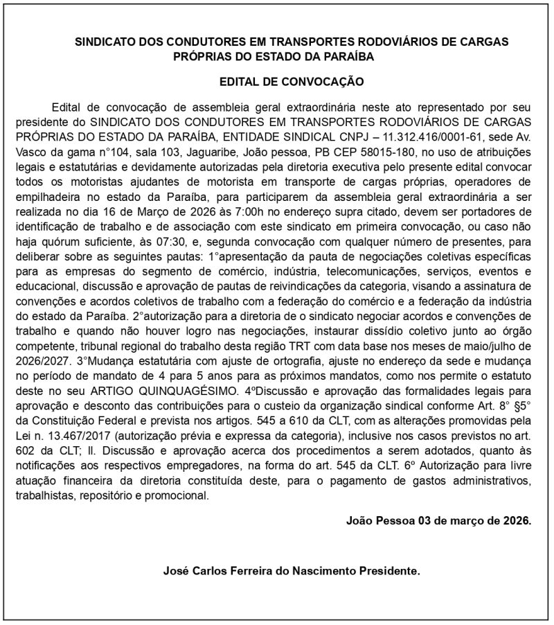 SINDICATO DOS CONDUTORES EM TRANSPORTES RODOVIÁRIOS DE CARGAS PRÓPRIAS DO ESTADO DA PARAÍBA – EDITAL DE CONVOCAÇÃO