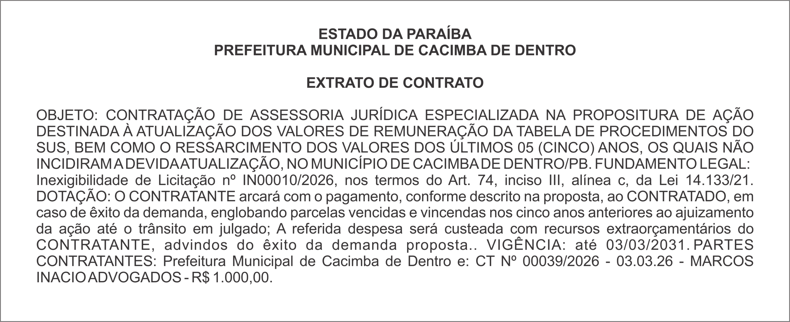 PREFEITURA MUNICIPAL DE CACIMBA DE DENTRO – EXTRATO DE CONTRATO