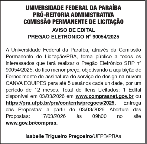 UNIVERSIDADE FEDERAL DA PARAIBA – PREGÃO ELETRÔNICO No 90054/2025
