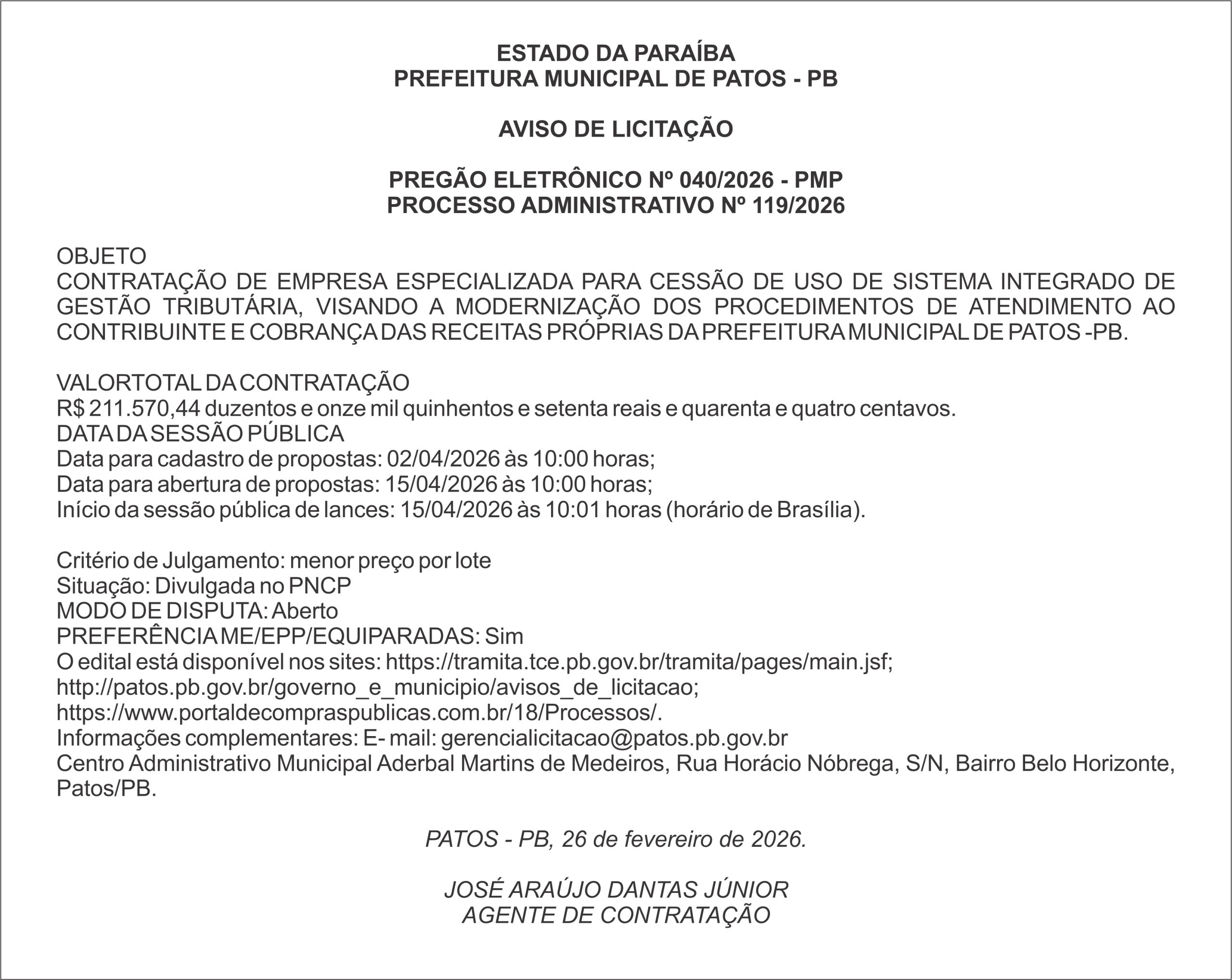 PREFEITURA MUNICIPAL DE PATOS – PB – PREGÃO ELETRÔNICO Nº 040/2026 – PMP