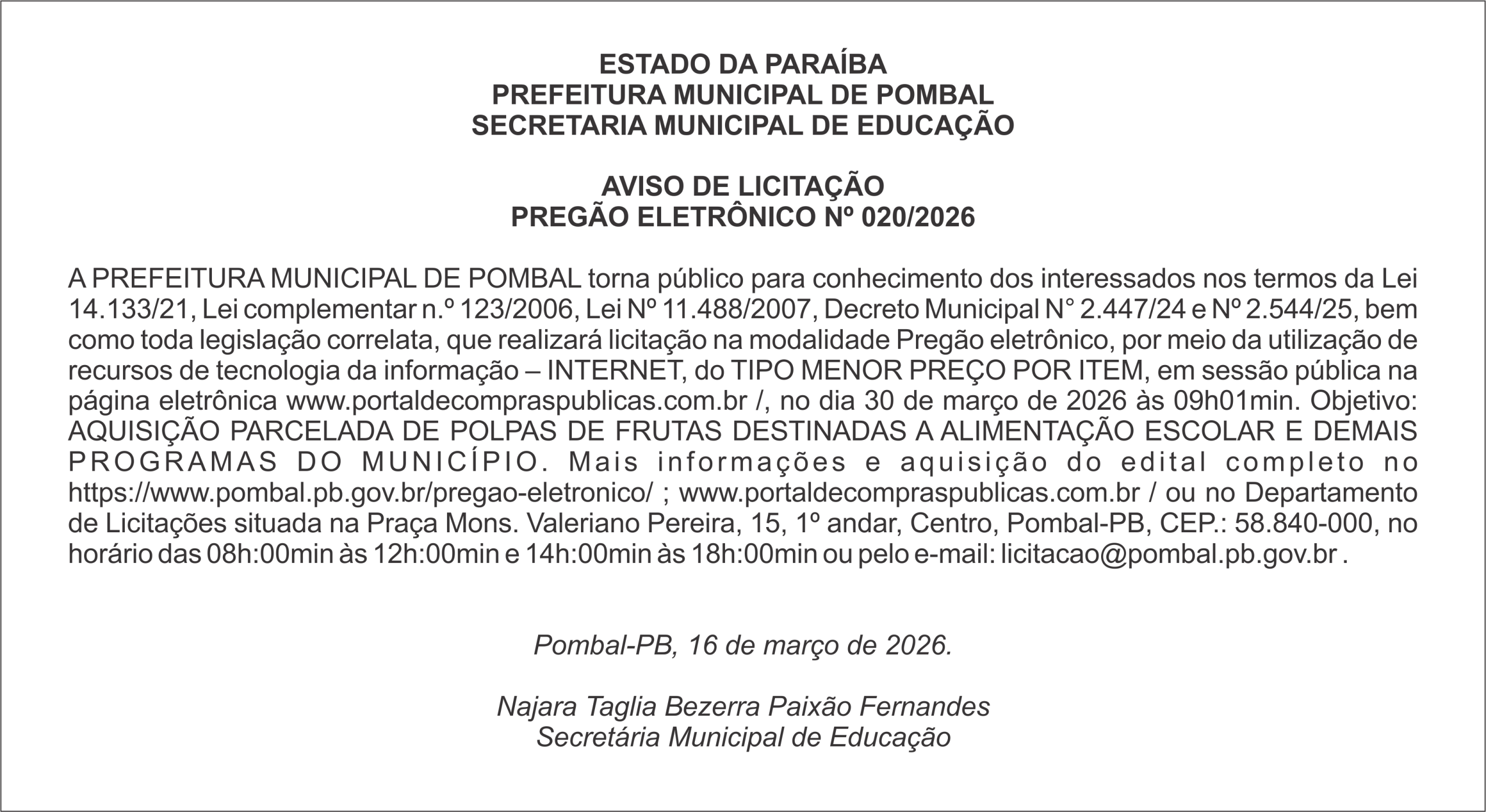 PREFEITURA MUNICIPAL DE POMBAL – AVISO DE LICITAÇÃO – PREGÃO ELETRÔNICO Nº 020/2026