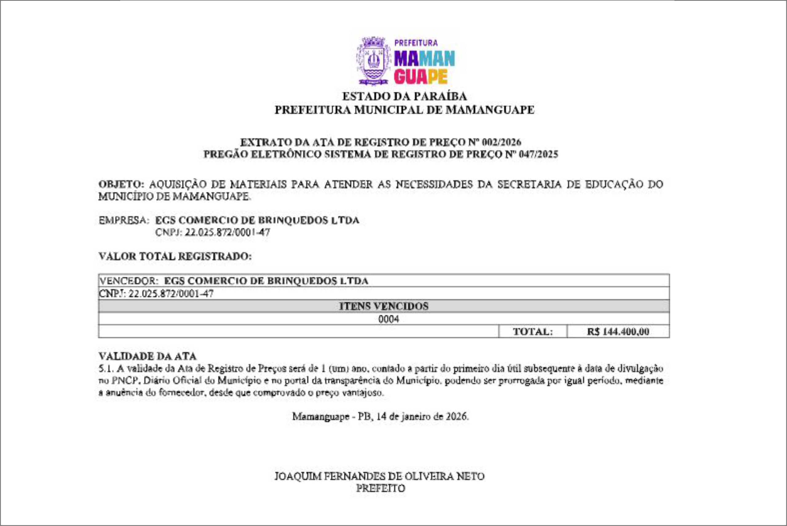 PREFEITURA MUNICIPAL DE MAMANGUAPE – EXTRATO DA ATA DE REGISTRO DE PREÇO Nº 002/2026