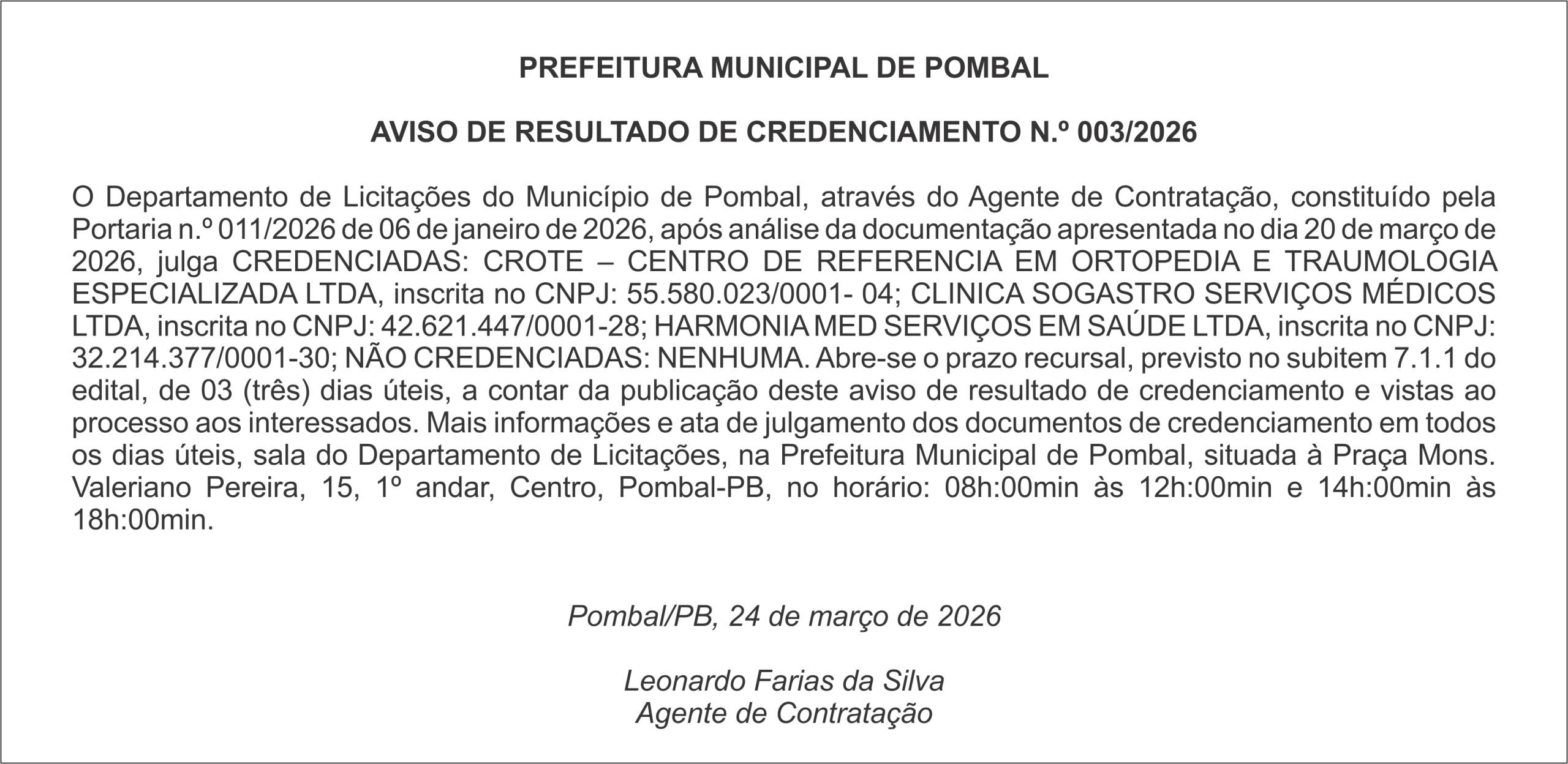 PREFEITURA DE POMBAL – AVISO DE RESULTADO DE CREDENCIAMENTO  N.º 003/2026