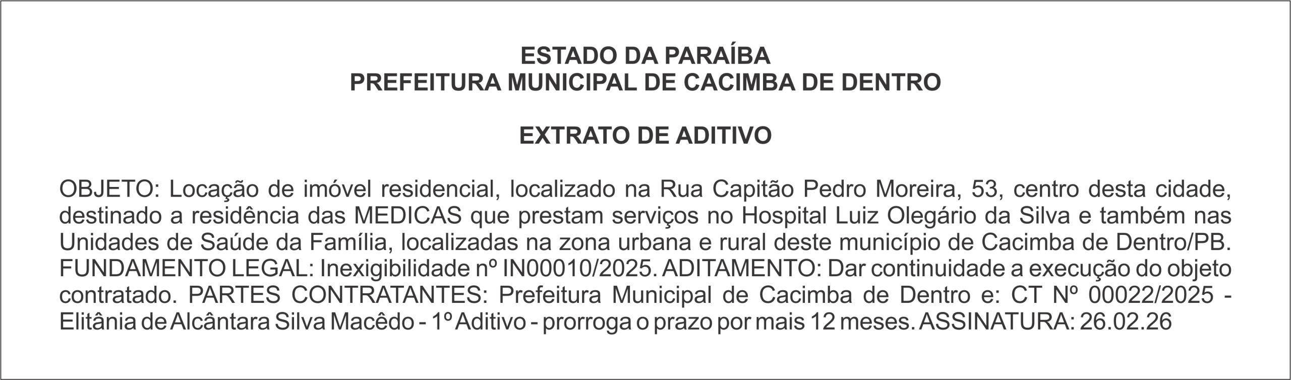 PREFEITURA MUNICIPAL DE CACIMBA DE DENTRO   EXTRATO DE ADITIVO