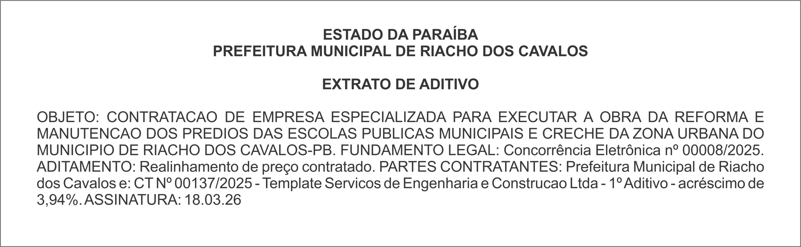 PREFEITURA MUNICIPAL DE RIACHO DOS CAVALOS – EXTRATO DE ADITIVO
