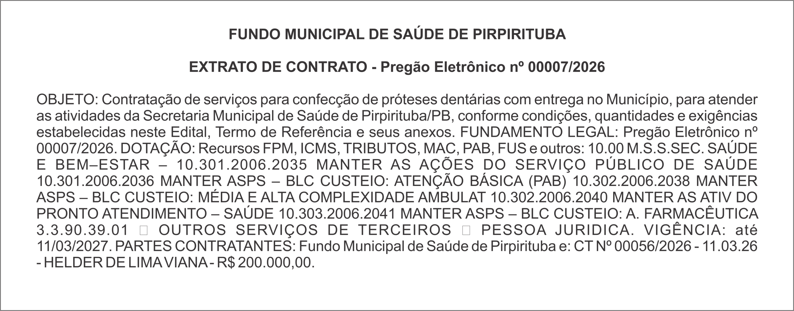FUNDO MUNICIPAL DE SAÚDE DE PIRPIRITUBA – EXTRATO DE CONTRATO