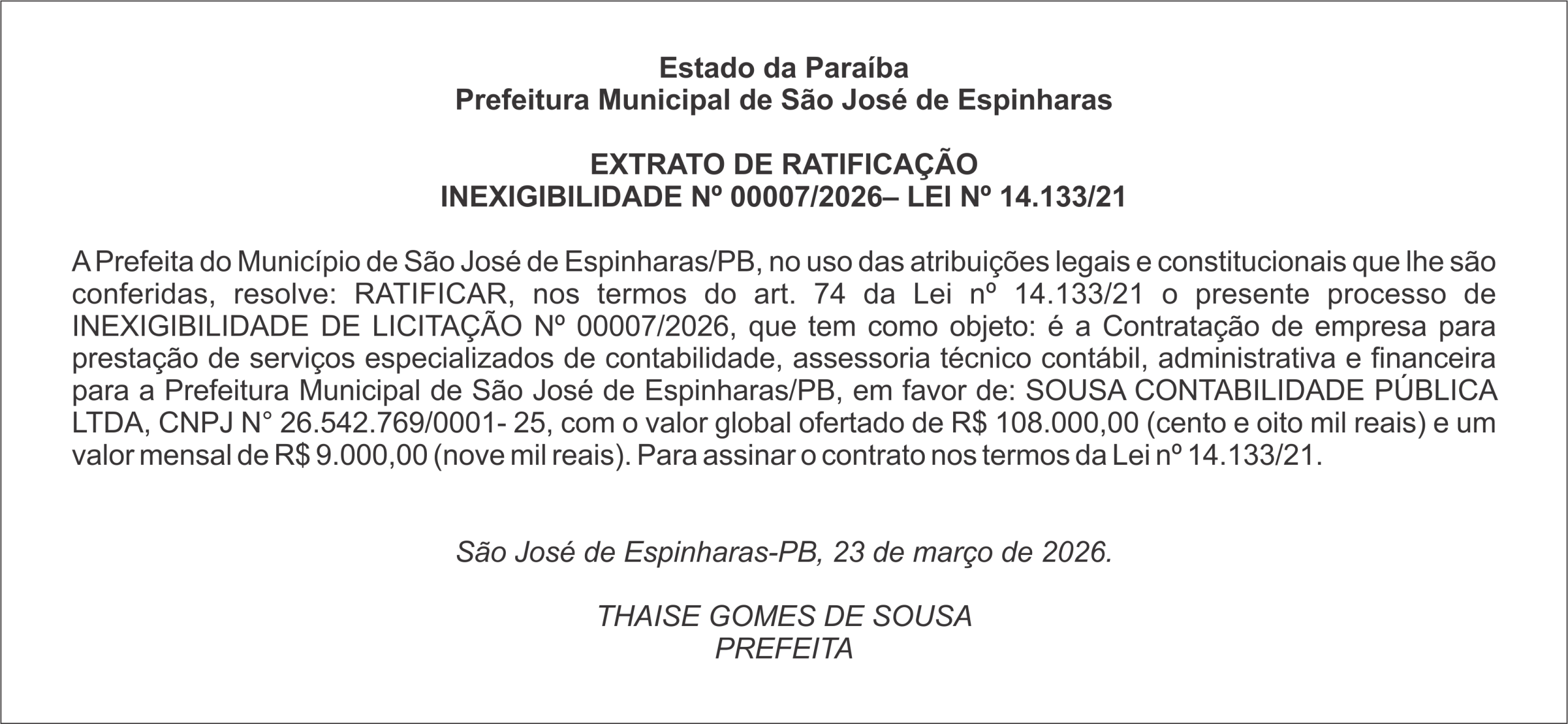 PREFEITURA DE SÃO JOSÉ DE ESPINHARAS – EXTRATO DE RATIFICAÇÃO INEXIGIBILIDADE Nº 00007/2026