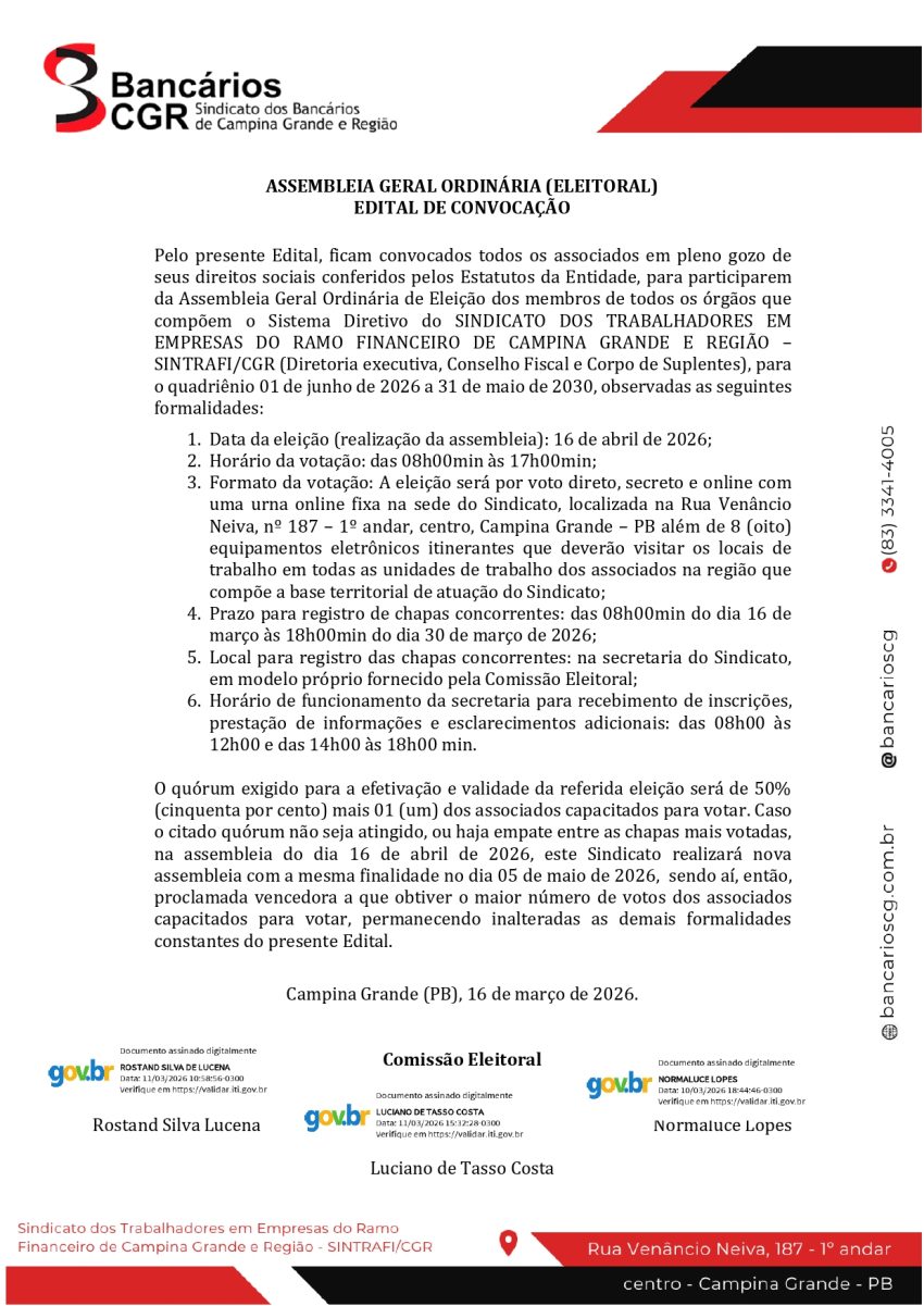 SINTRAFI/CGR – ASSEMBLEIA GERAL ORDINÁRIA (ELEITORAL)  EDITAL DE CONVOCAÇÃO