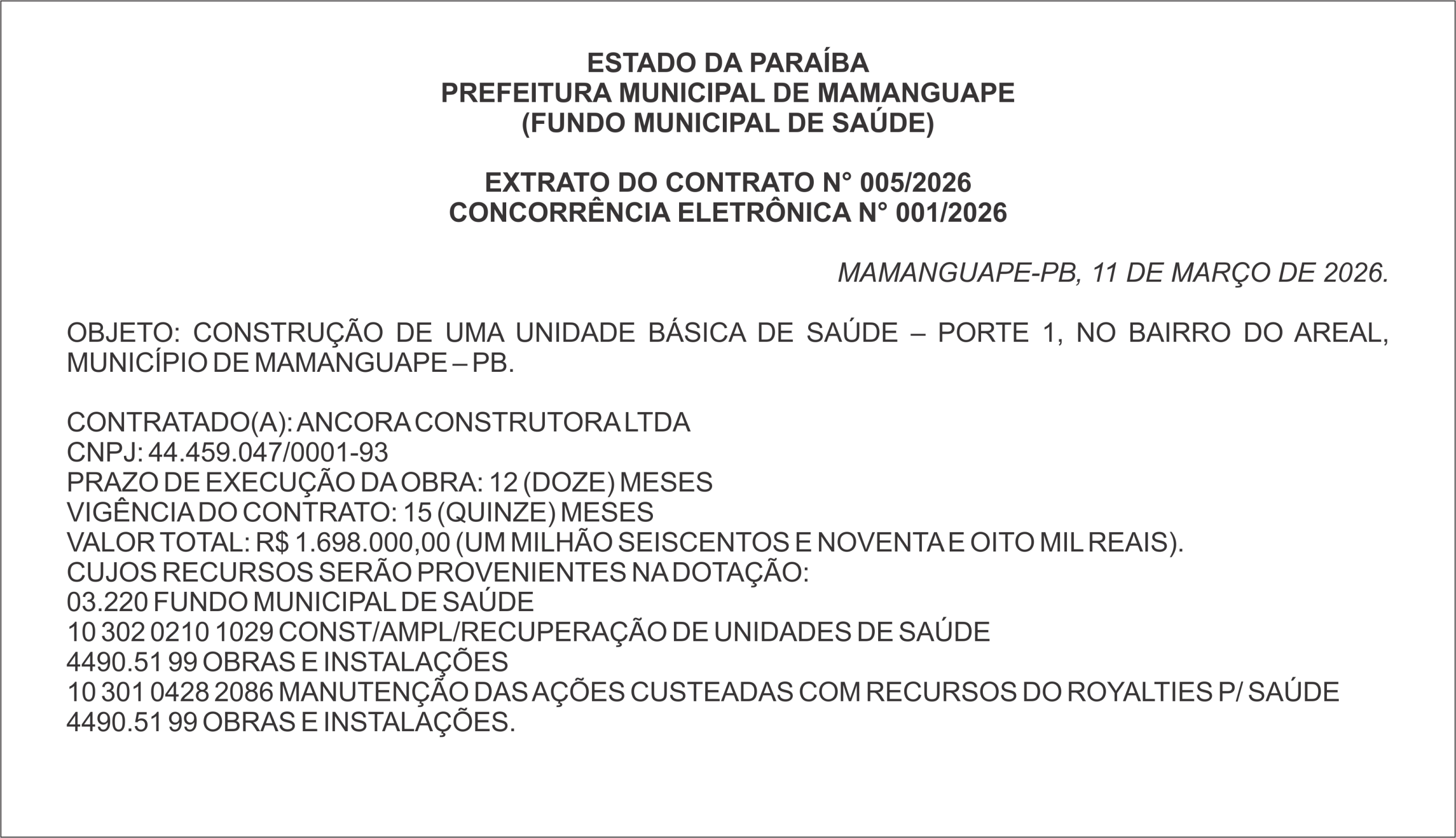 PREFEITURA MUNICIPAL DE MAMANGUAPE – EXTRATO DO CONTRATO N° 005/2026 – CONCORRÊNCIA ELETRÔNICA N° 001/2026
