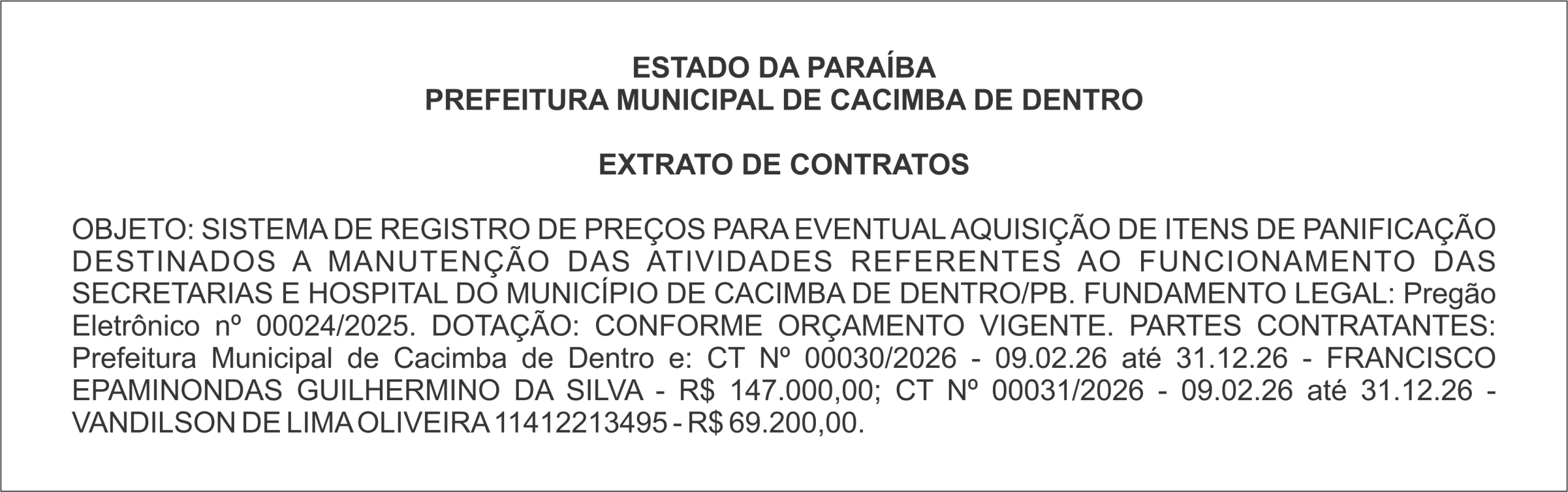 PREFEITURA MUNICIPAL DE CACIMBA DE DENTRO EXTRATO DE CONTRATOS