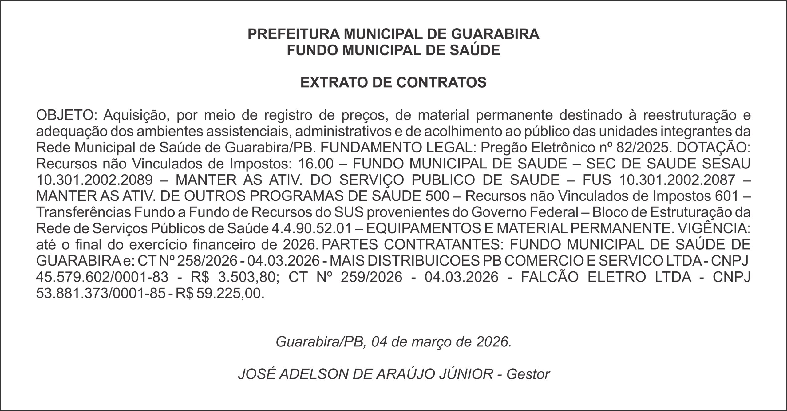 PREFEITURA MUNICIPAL DE GUARABIRA/PB EXTRATO DE CONTRATOS