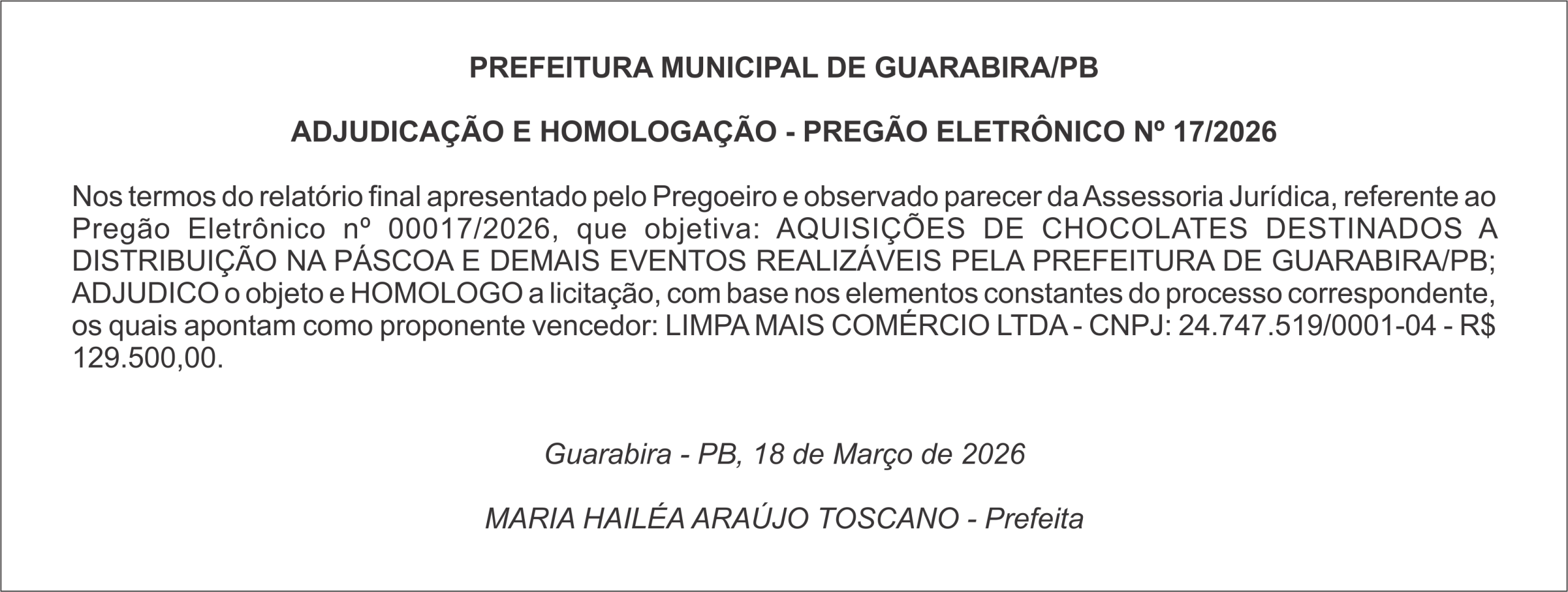 PREFEITURA MUNICIPAL DE GUARABIRA/PB – ADJUDICAÇÃO E HOMOLOGAÇÃO – PREGÃO ELETRÔNICO Nº 17/2026