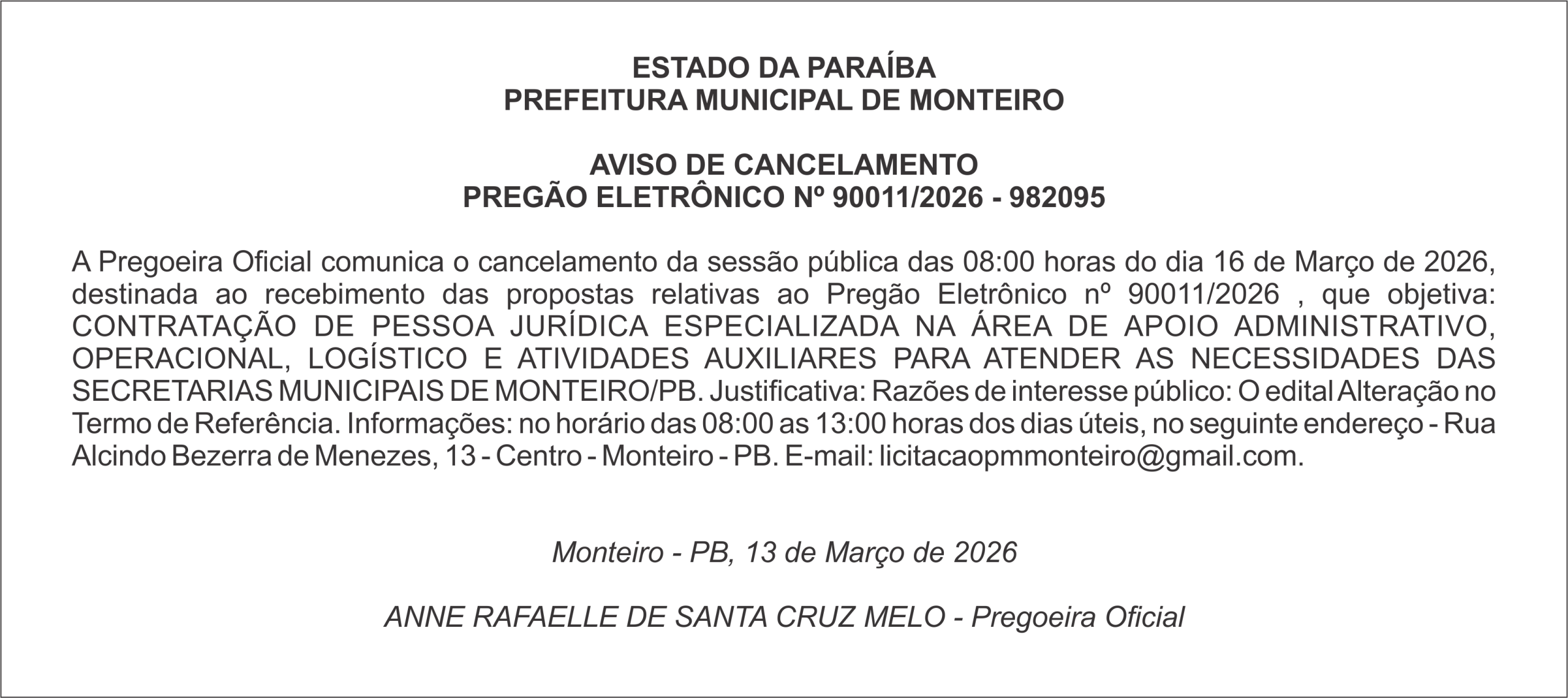 PREFEITURA MUNICIPAL DE MONTEIRO – AVISO DE CANCELAMENTO PREGÃO ELETRÔNICO Nº 90011/2026 – 982095