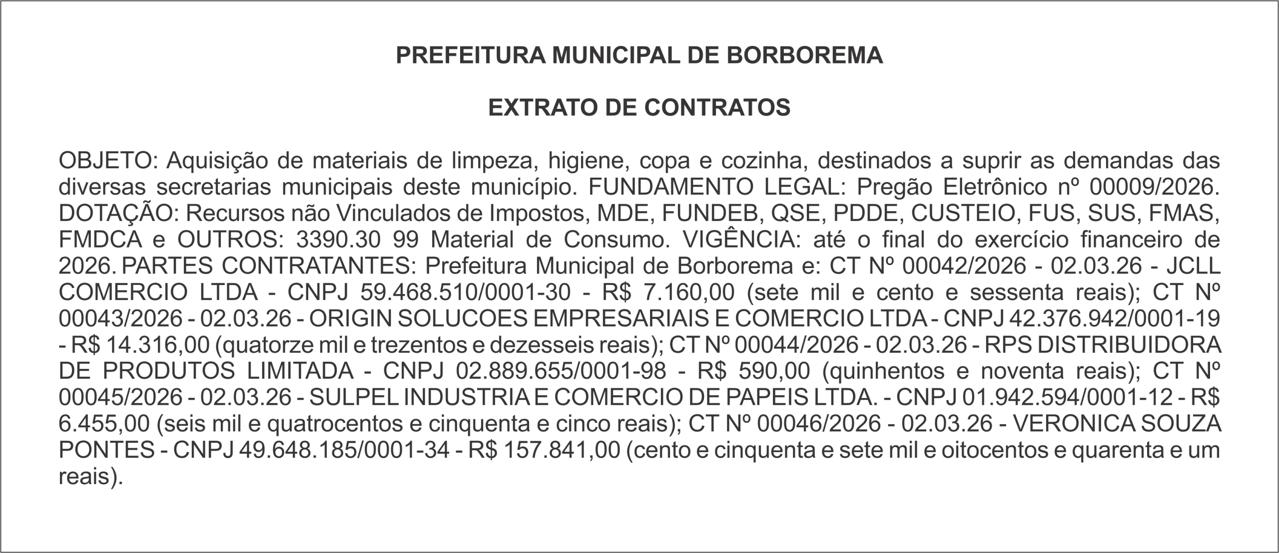 PREFEITURA MUNICIPAL DE BORBOREMA – EXTRATO DE CONTRATOS