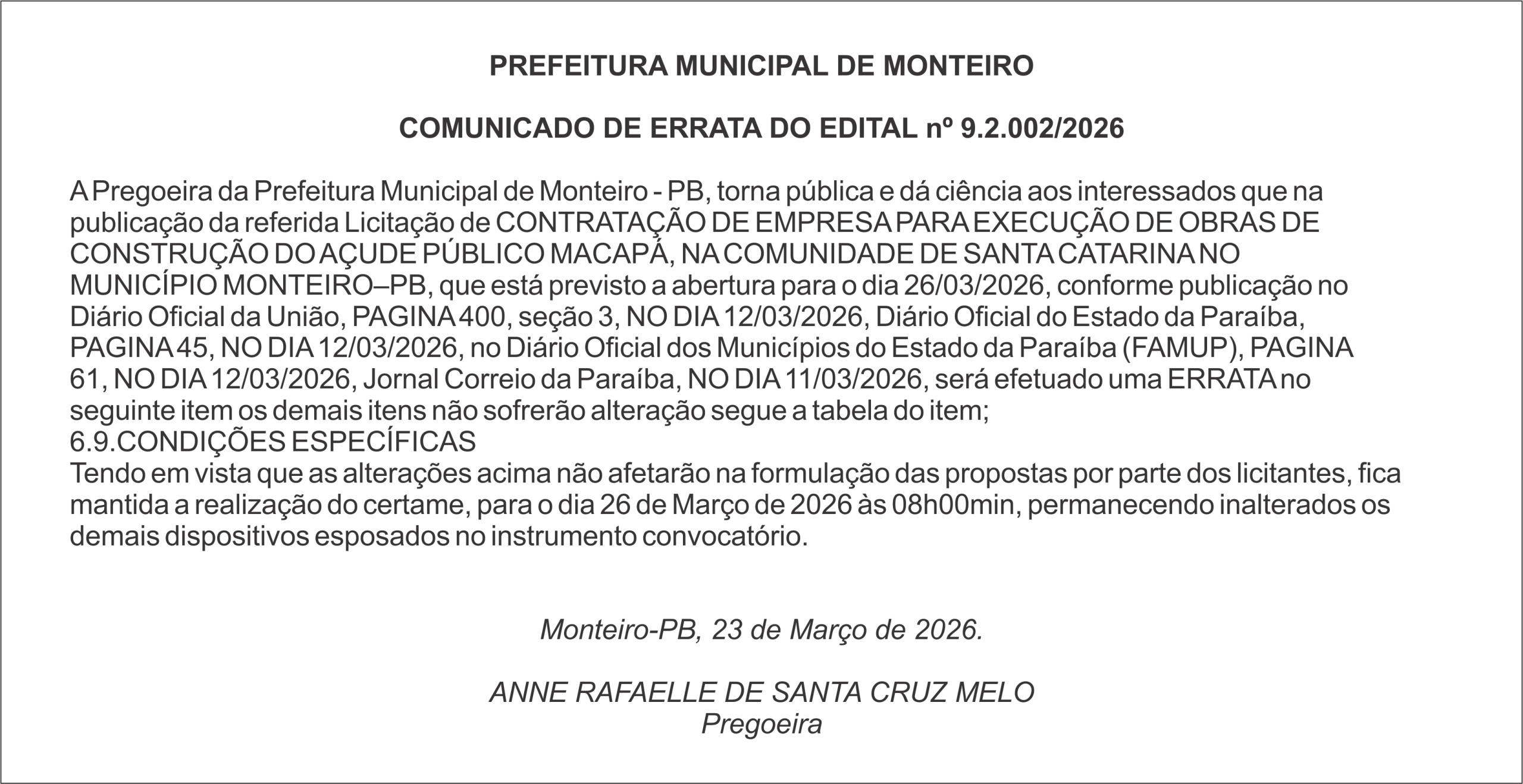 PREFEITURA MUNICIPAL DE MONTEIRO – COMUNICADO DE ERRATA DO EDITAL nº 9.2.002/2026
