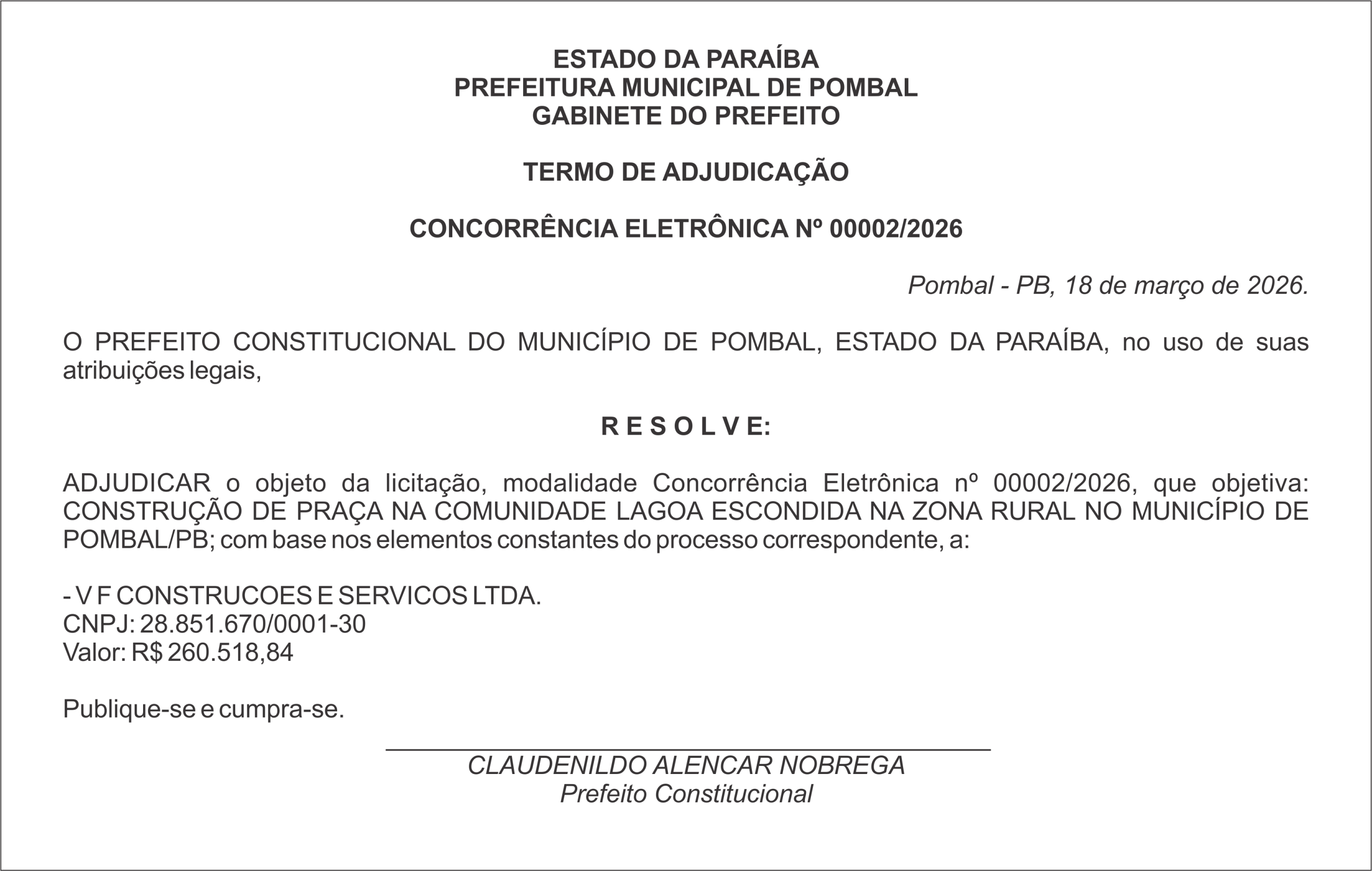 PREFEITURA MUNICIPAL DE POMBAL – TERMO DE ADJUDICAÇÃO – CONCORRÊNCIA ELETRÔNICA Nº 00002/2026