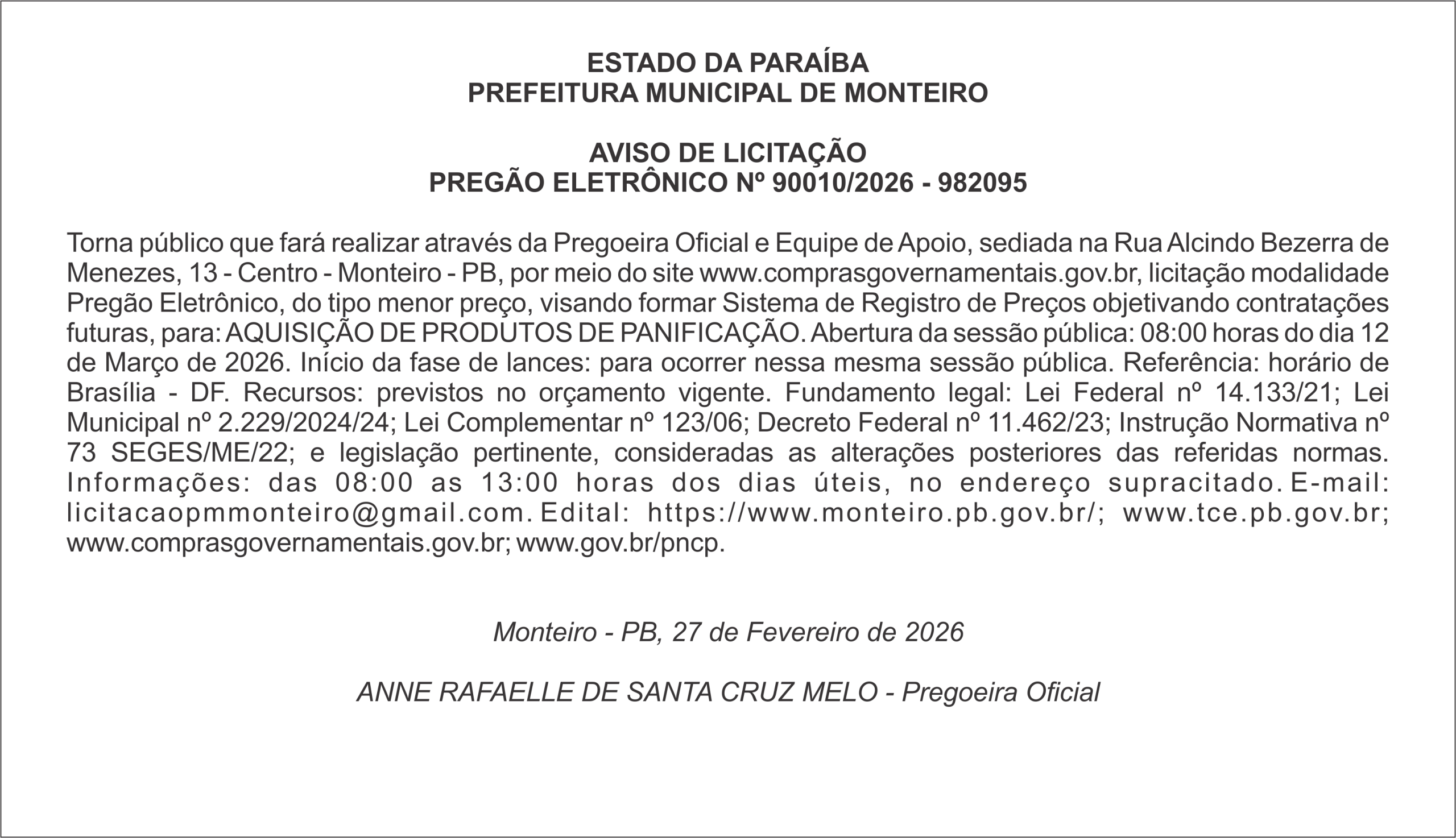 PREFEITURA MUNICIPAL DE MONTEIRO – AVISO DE LICITAÇÃO PREGÃO ELETRÔNICO Nº 90010/2026 – 982095