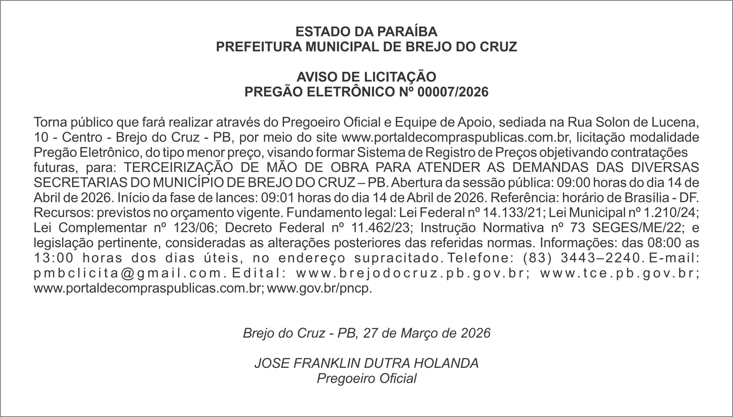 PREFEITURA MUNICIPAL DE BREJO DO CRUZ – AVISO DE LICITAÇÃO – PREGÃO ELETRÔNICO Nº 00007/2026