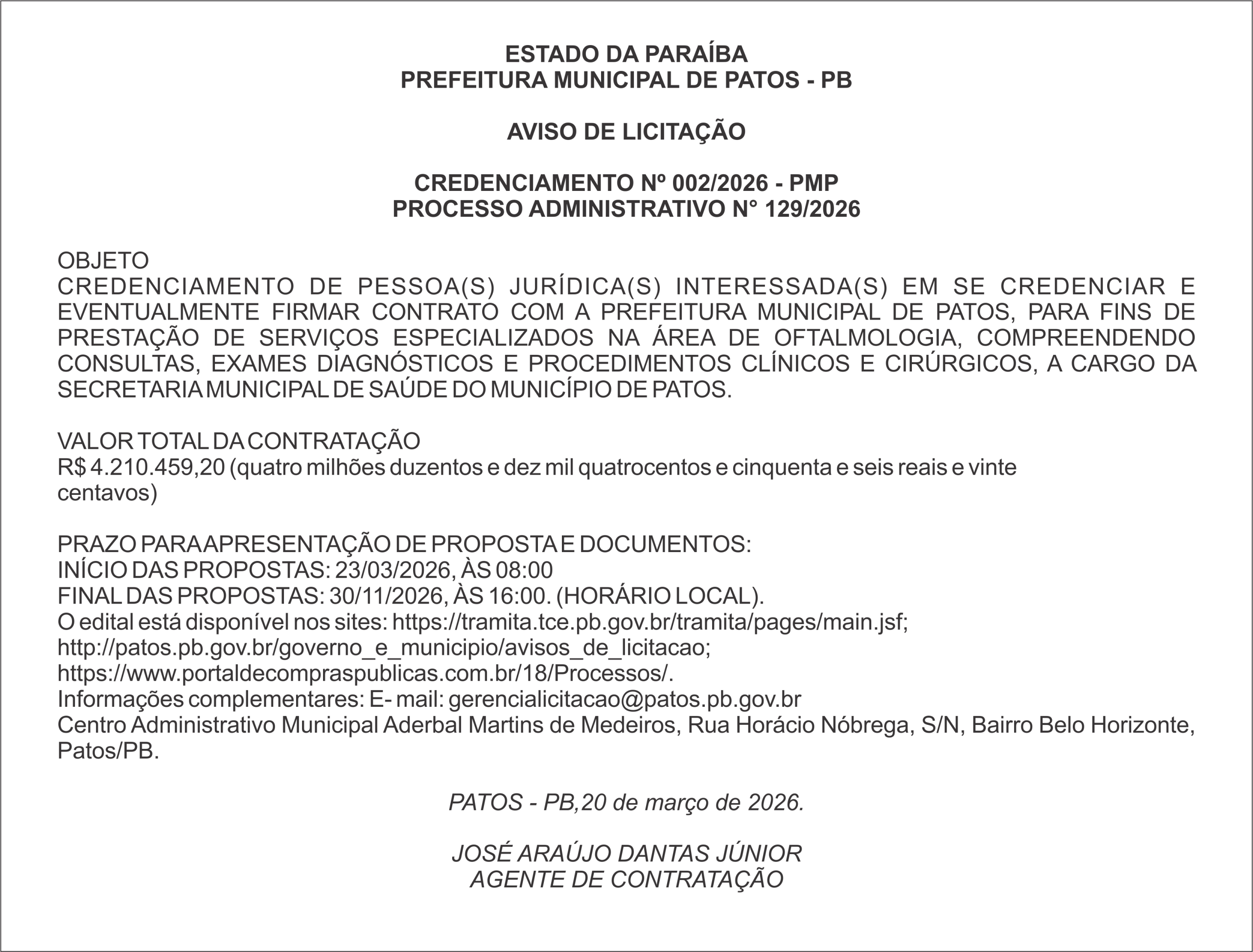 PREFEITURA MUNICIPAL DE PATOS – PB – CREDENCIAMENTO Nº 002/2026 – PMP