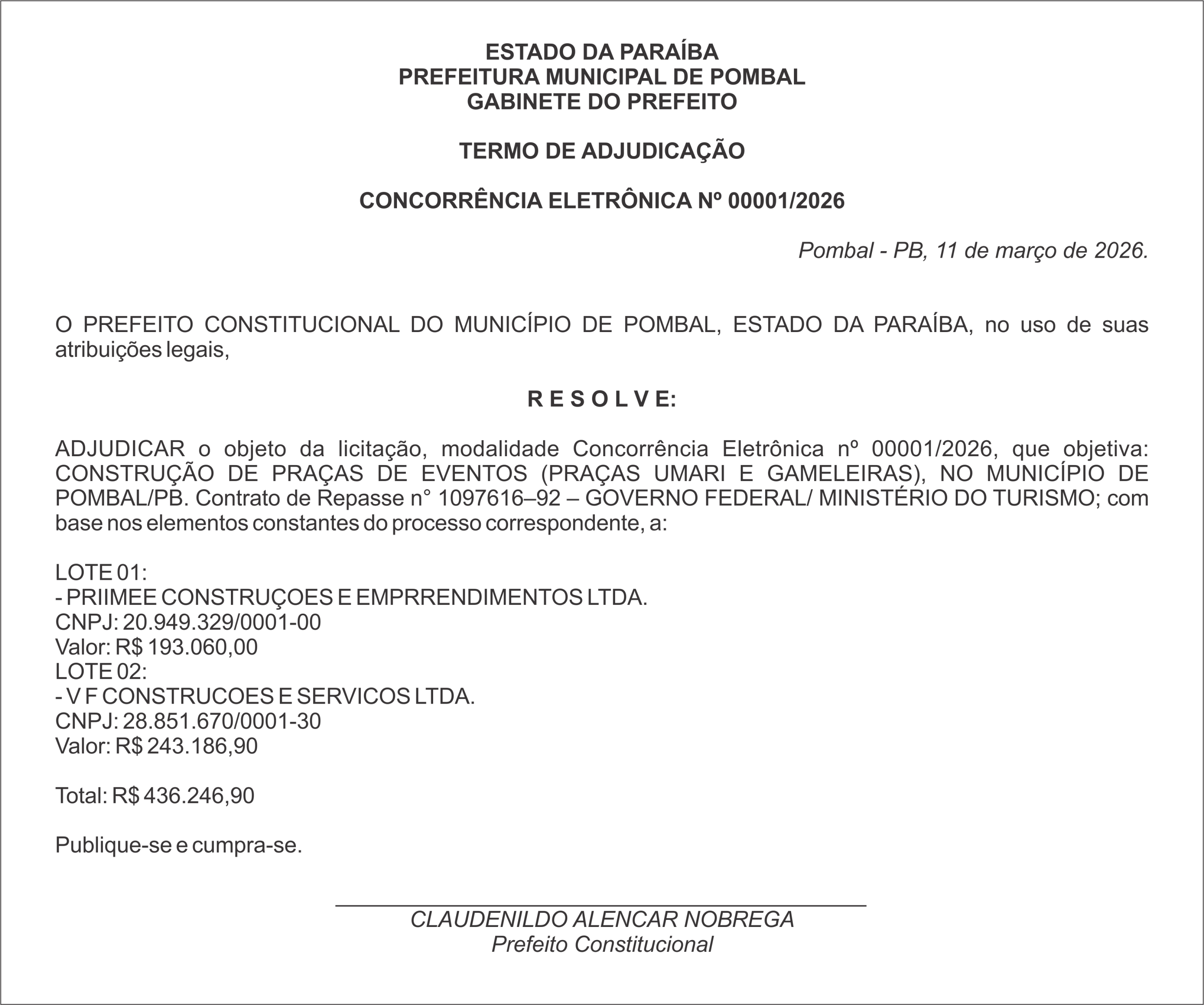 PREFEITURA MUNICIPAL DE POMBAL- TERMO DE ADJUDICAÇÃO  CONCORRÊNCIA ELETRÔNICA Nº 00001/2026