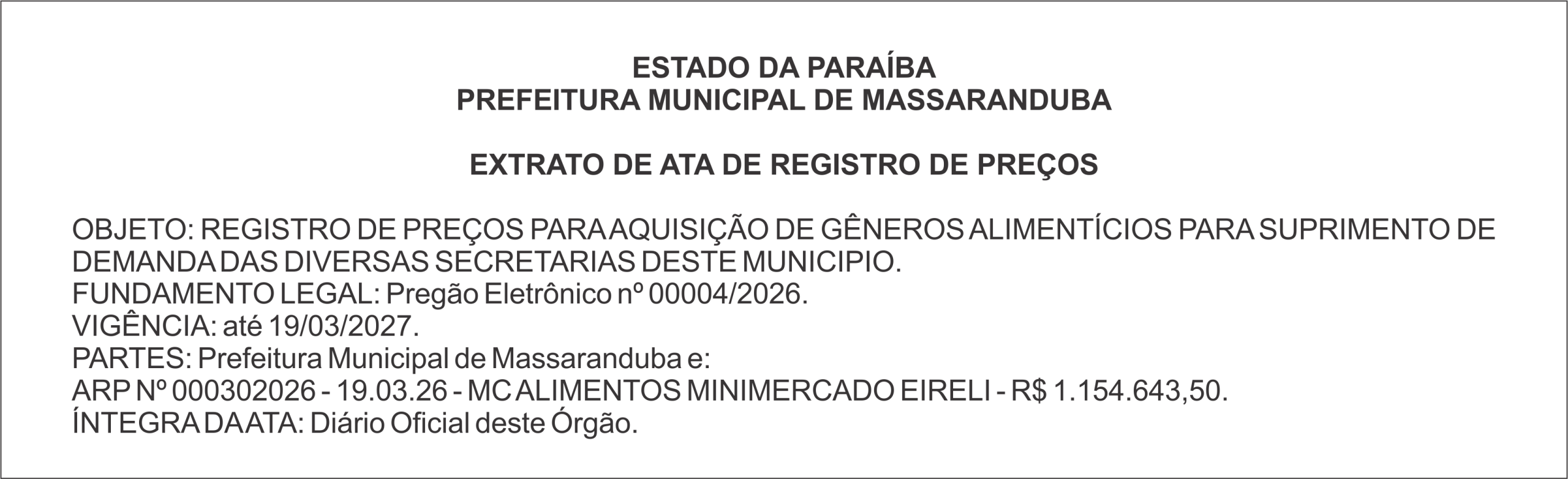 PREFEITURA MUNICIPAL DE MASSARANDUBA – EXTRATO DE ATA DE REGISTRO DE PREÇOS