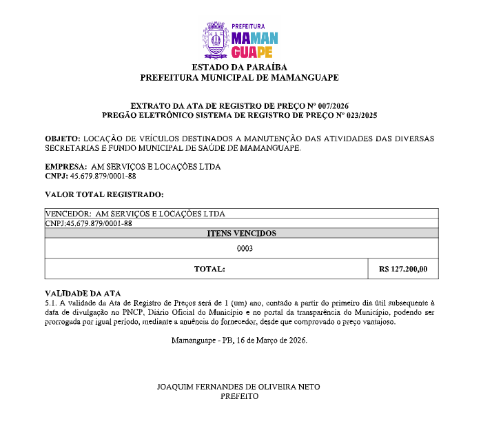 PREFEITURA MUNICIPAL DE MAMANGUAPE – EXTRATO DA ATA DE REGISTRO DE PREÇO Nº 007/2026