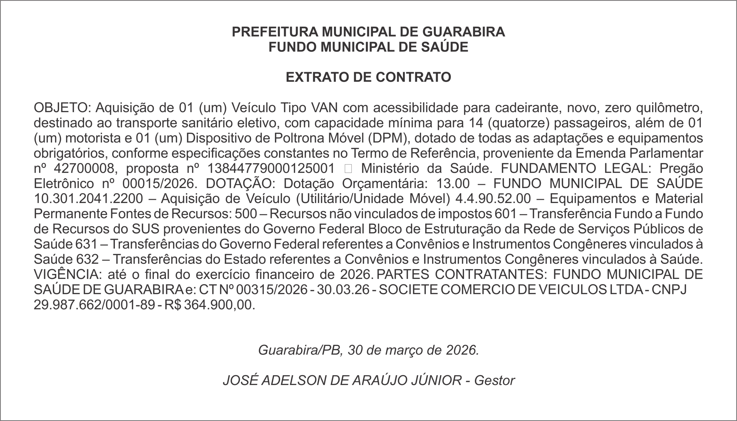 PREFEITURA MUNICIPAL DE GUARABIRA/PB EXTRATO DE CONTRATO