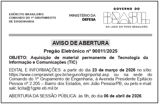 CMDO 1° GPTE – JOÃO PESSOA – PB – COMANDO DO 1o GRUPAMENTO DE ENGENHARIA – Abertura Pregão 90011/2025