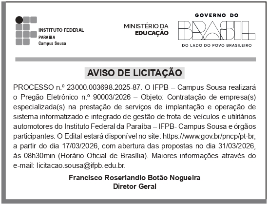 IFPB – PB – SOUSA – CAMPUS – AVISO DE LICITAÇÃO -Pregão Eletrônico No 90003/2026