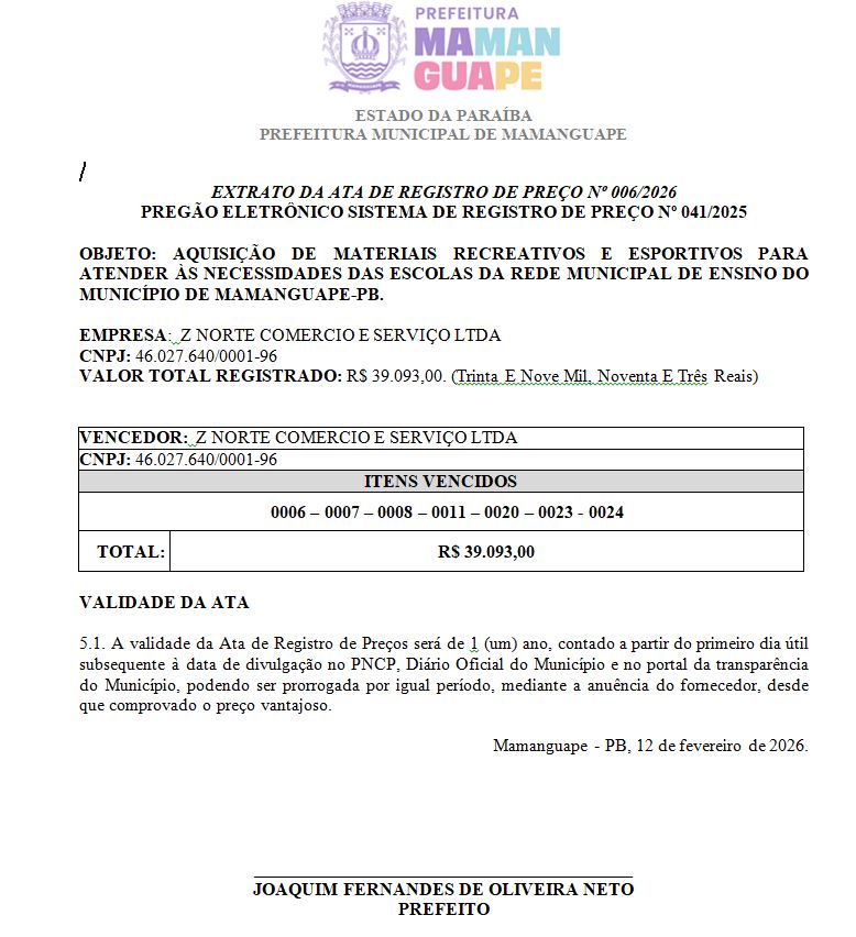 PREFEITURA MUNICIPAL DE MAMANGUAPE – EXTRATO DA ATA DE REGISTRO DE PREÇO Nº 006/2026