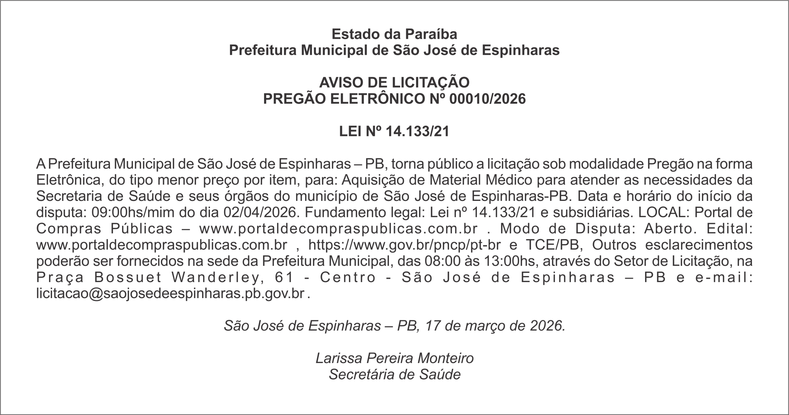 PREFEITURA DE SÃO JOSÉ DE ESPINHARAS – AVISO DE LICITAÇÃO PREGÃO ELETRÔNICO Nº 00010/2026