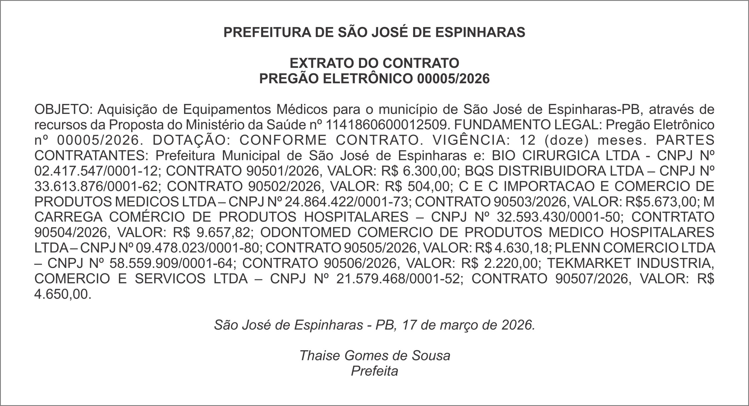 PREFEITURA DE SÃO JOSÉ DE ESPINHARAS – EXTRATO DO CONTRATO PREGÃO ELETRÔNICO 00005/2026
