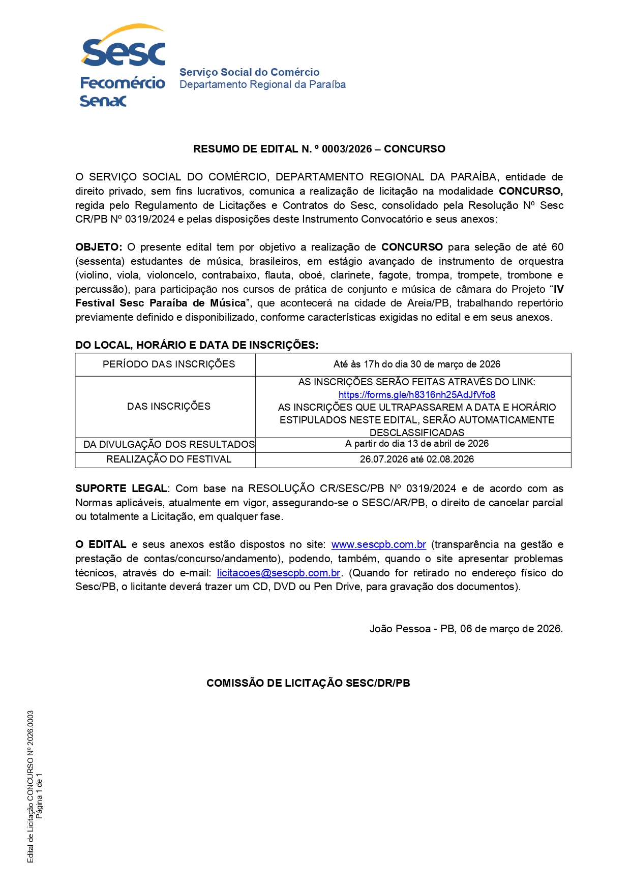 SESC – RESUMO DE EDITAL N. o 0003/2026 – CONCURSO