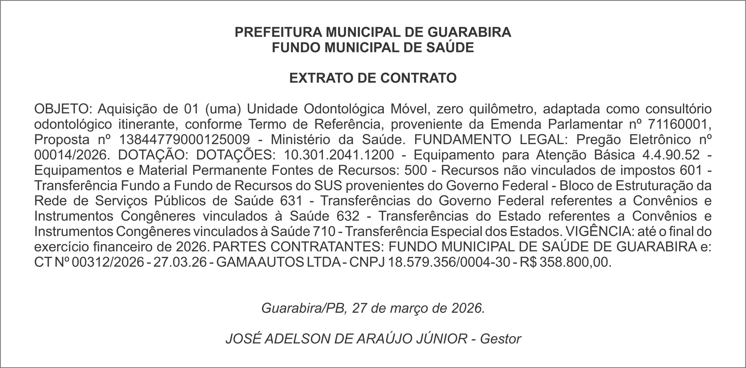 PREFEITURA MUNICIPAL DE GUARABIRA/PB EXTRATO DE CONTRATO